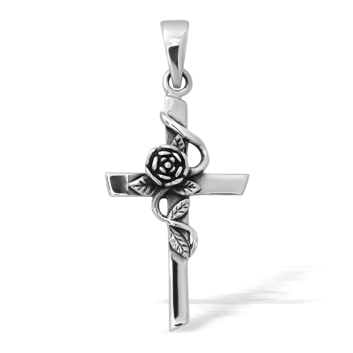 Sterling Silver 925 Rose Flower Cross Pendant Charm - Elegant Christian Jewelry Gift for Women, Baptism, Confirmation & Everyday Wear