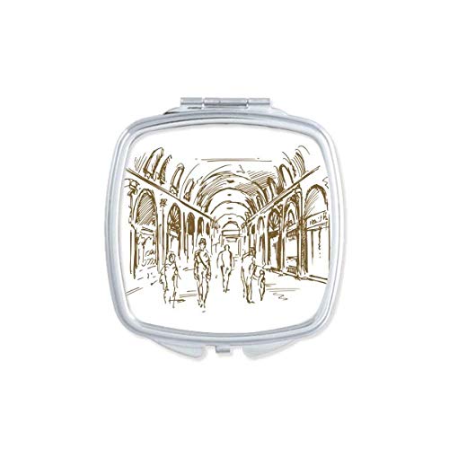 DIYthinker Portable Compact Pocket Mirror - Double Sided Glass with Corridor Landmark Sketch Design for Travel, Makeup, and Everyday Use