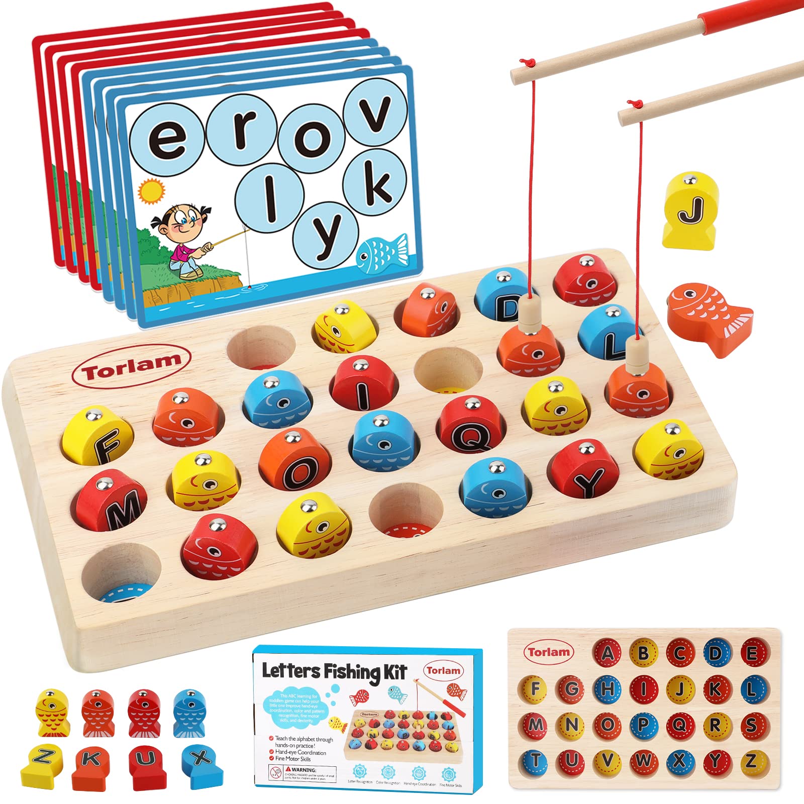 Torlam Magnetic Wooden Fishing Game Toy for Toddlers - ABC Alphabet Learning, Fine Motor Skills Development, Montessori Letters Cognition with 2 Poles & 8 Activity Cards - Perfect for Preschool Learning & Family Game Night