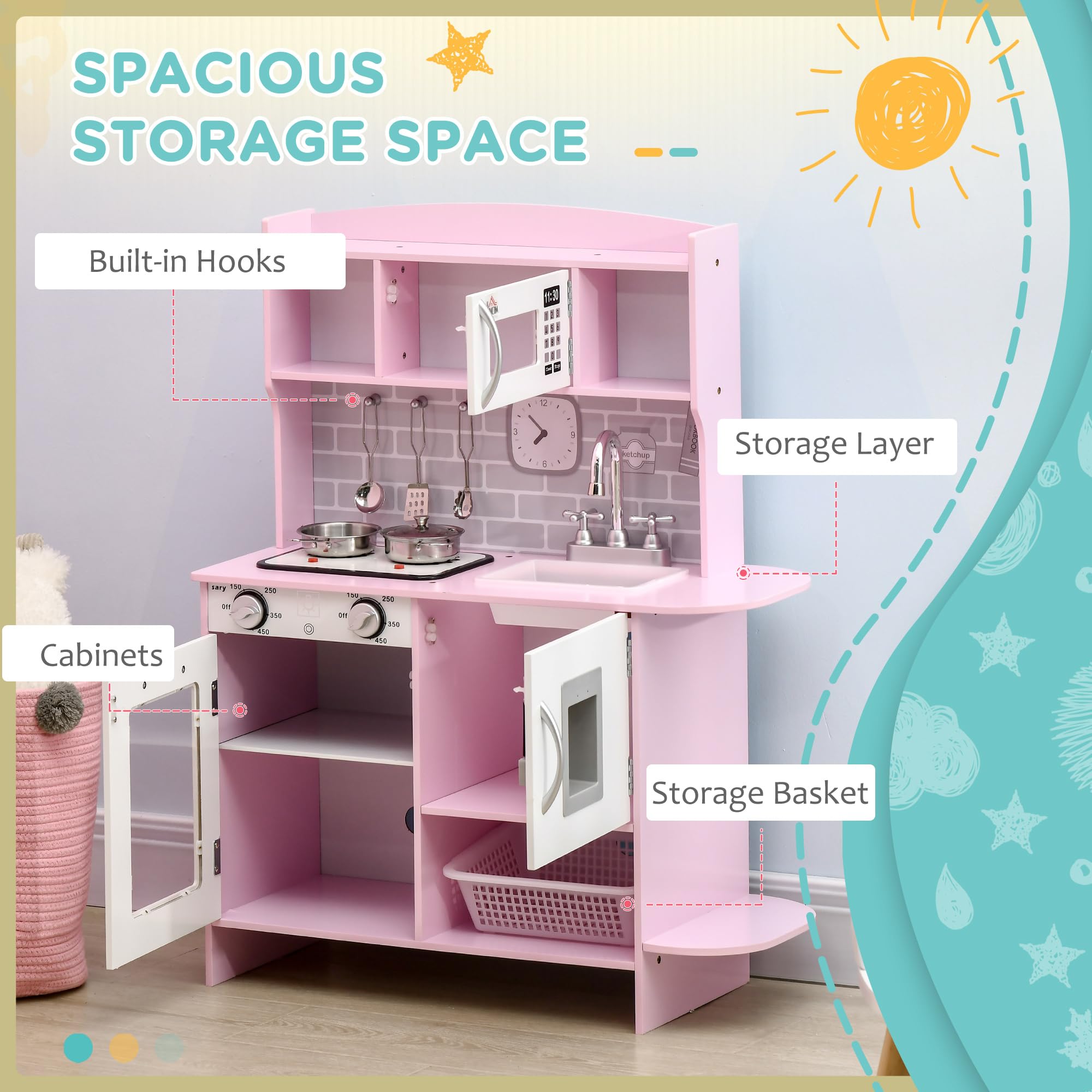 Qaba Kids Pretend Play Kitchen Toy Set - Realistic Design with Stove Lights, Storage & Water Dispenser - Educational Cooking Playset for Toddlers Ages 3-6 (Pink) - Perfect for Role Play, Birthday Gifts & Preschool Learning Activities