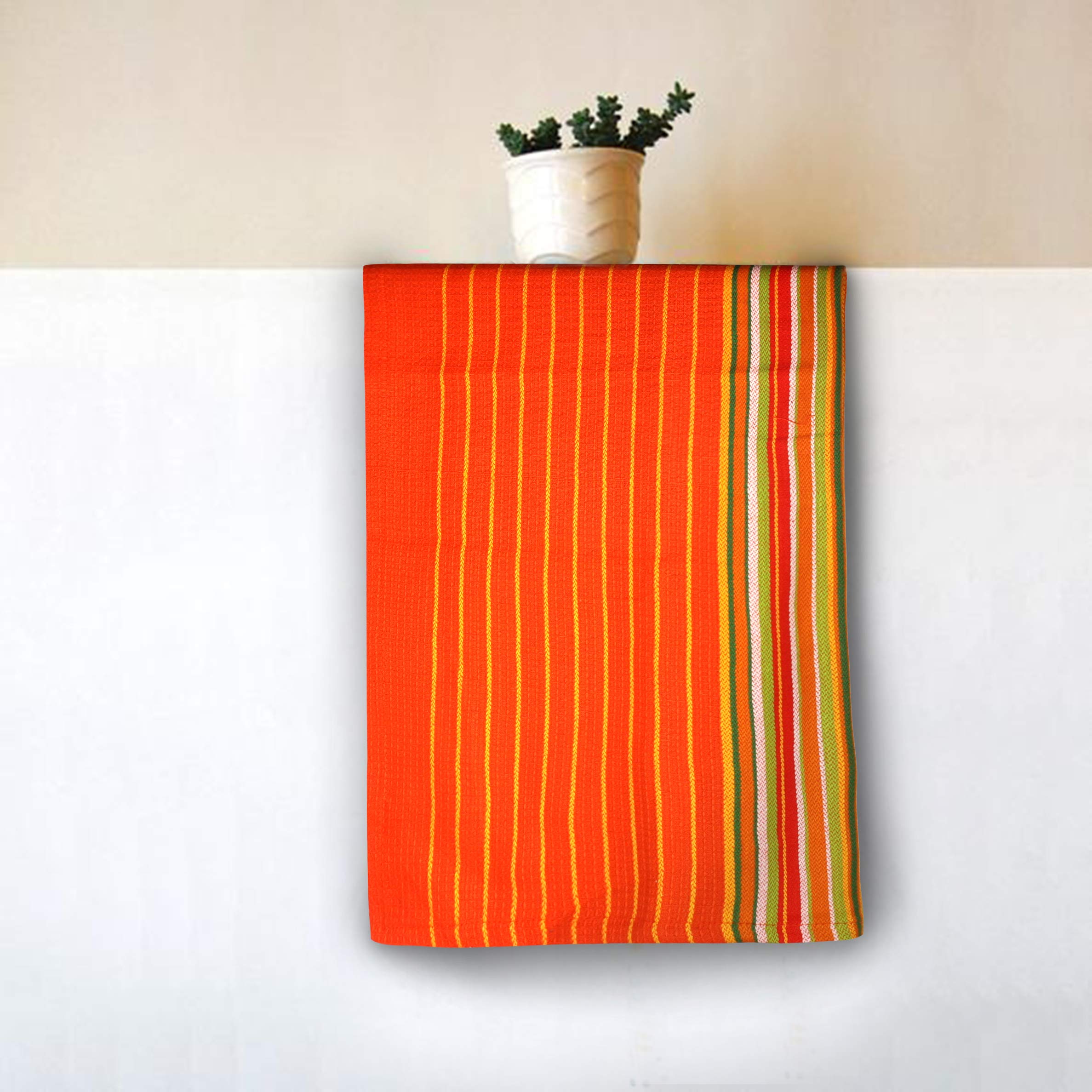 Premium 100% Cotton Waffle Weave Kitchen Towels Set of 6 - Extra Large 20x30 Inches, Super Absorbent Dish Towels with Mitered Corners for Drying Dishes, Glassware & Hands | Orange Striped Design for Modern Kitchens & Coffee Shops
