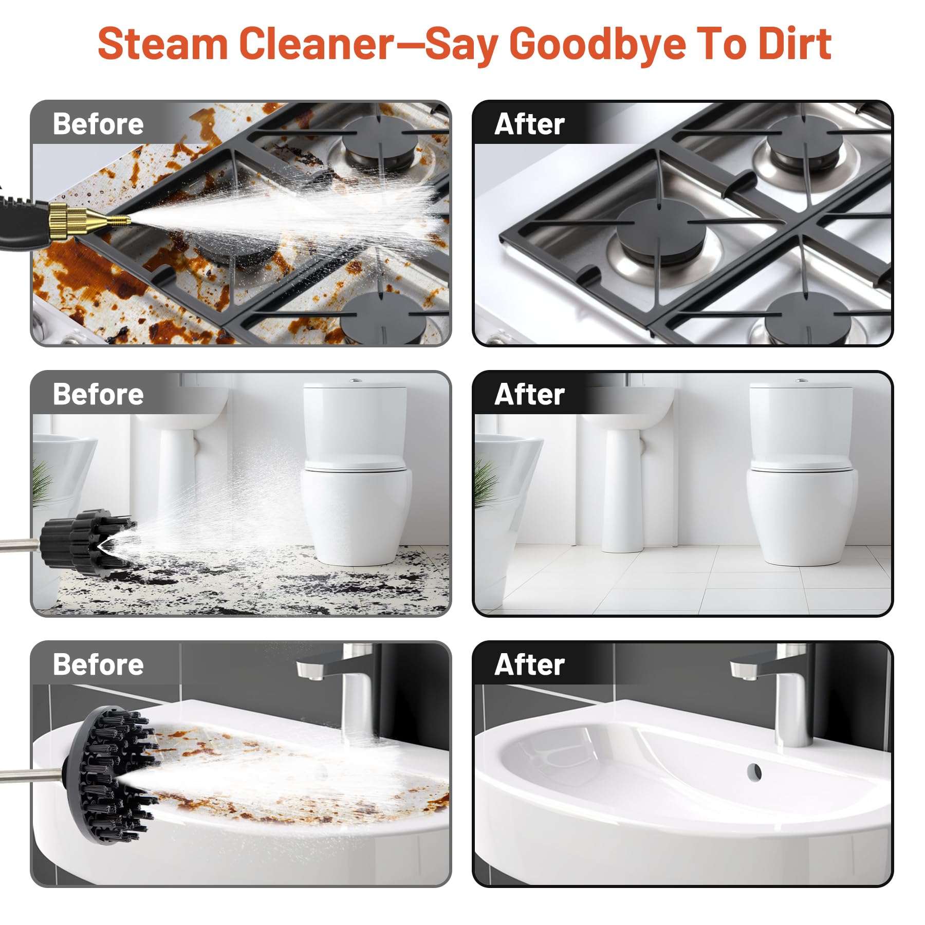 **2500W High Pressure Steam Cleaner for Home - 3 Brush Heads, 2 Washers & Extendable Rod - Handheld Steamer for Upholstery, Kitchen, Bathroom, Floors - Orange & White (Ideal for Deep Cleaning Stains, Grime & Sanitizing Surfaces)**