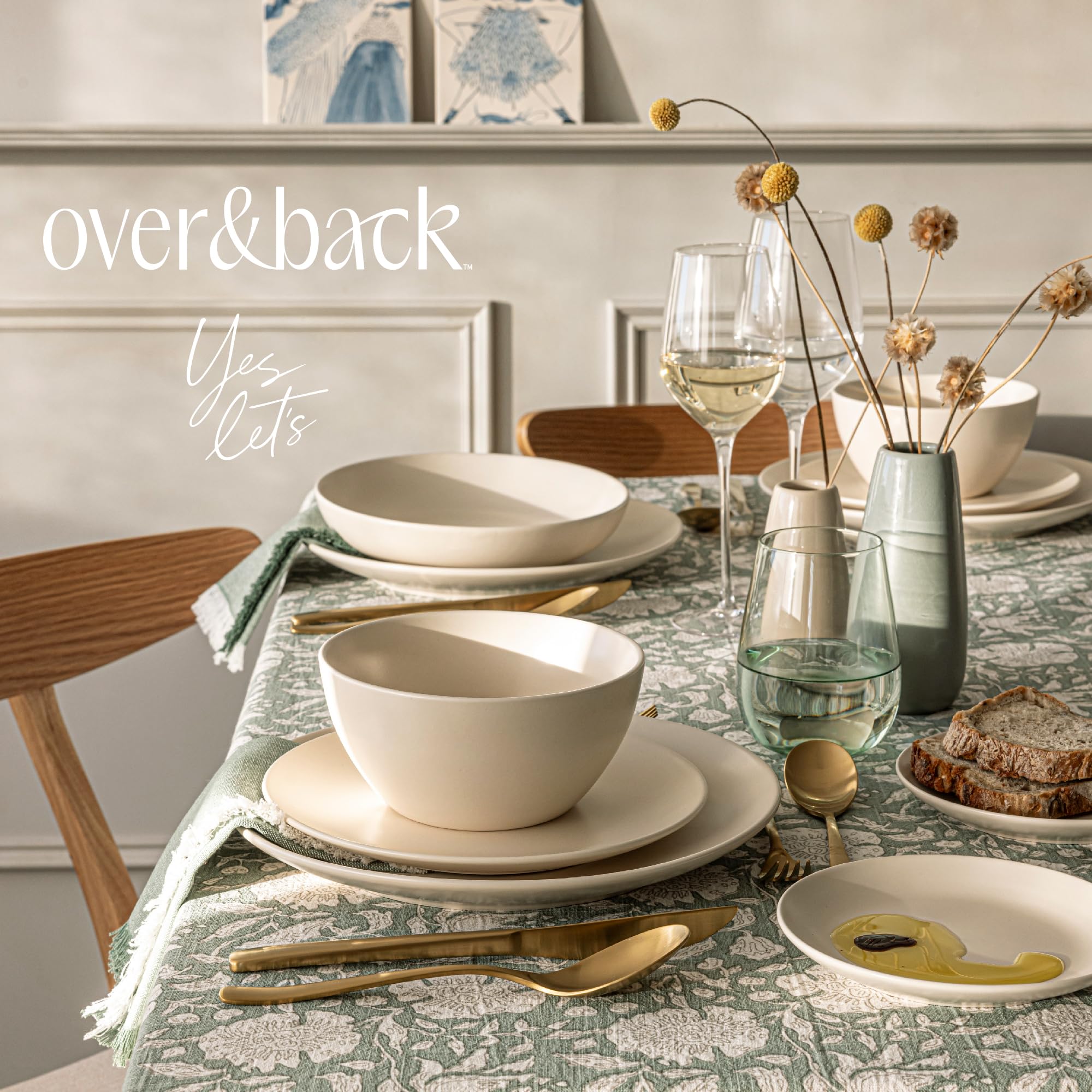 Over&Back Coupe 16-Piece Stoneware Dinnerware Set - 4 Dinner Plates, 4 Salad Plates, 4 Cereal Bowls & 4 Dinner Bowls - Semi-Matte Ivory Tableware for Everyday Dining, Family Gatherings & Special Occasions