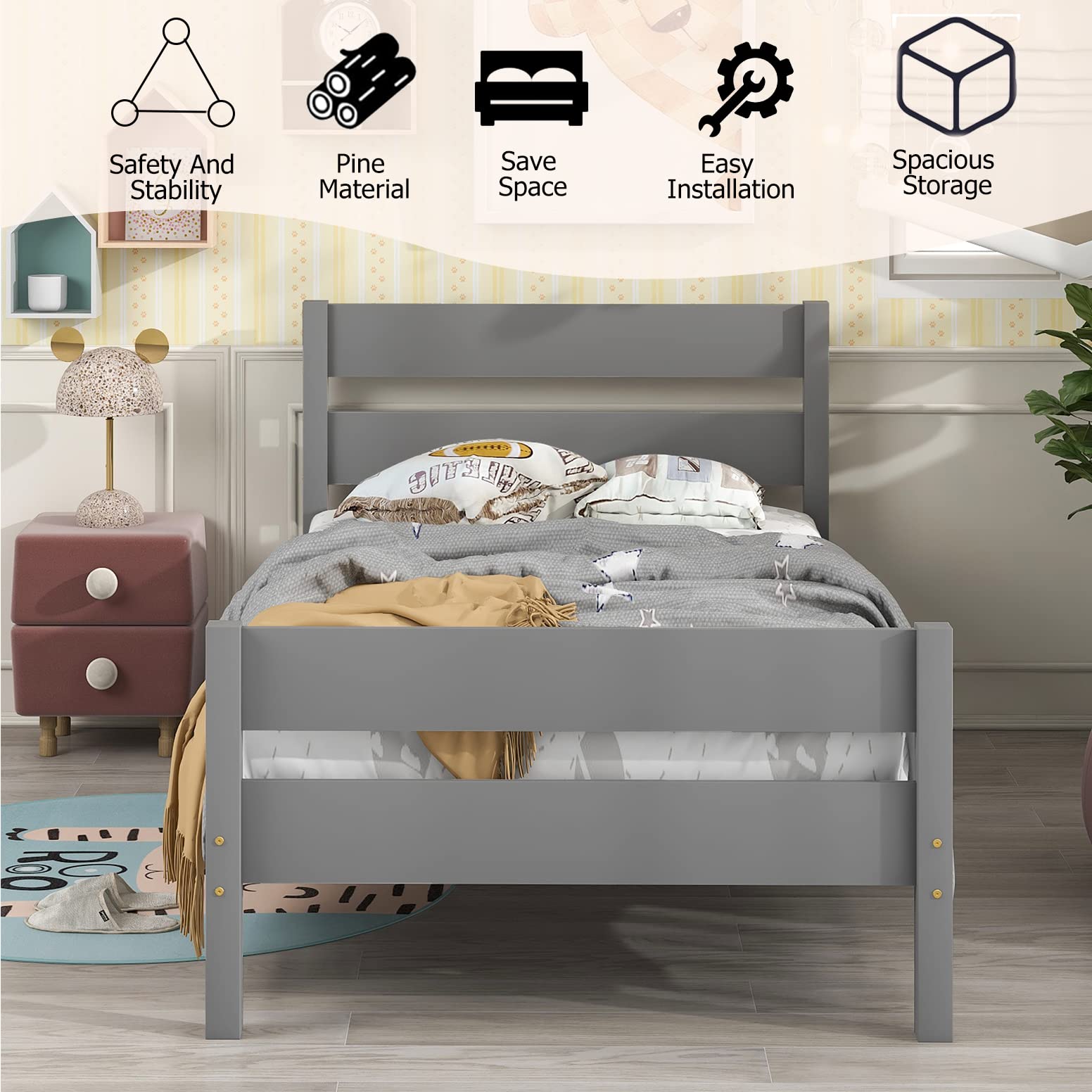 Pvillez Twin Size Wooden Bed Frame with Headboard & Footboard - Sturdy Platform Bed for Kids, No Box Spring Needed, Includes Storage Space - Perfect for Boys & Girls Bedrooms (Gray)