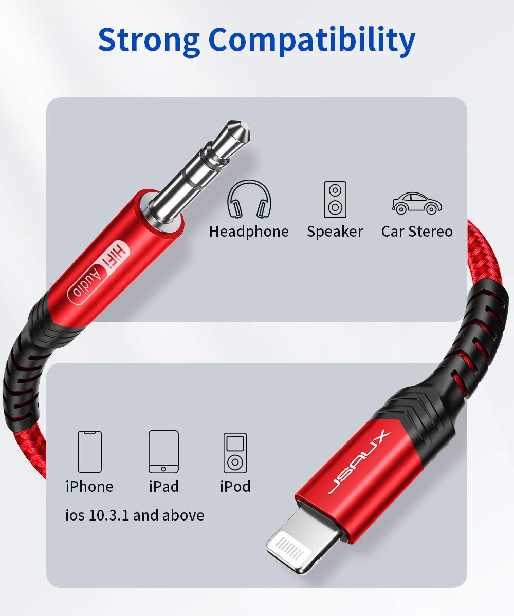 JSAUX MFi Certified iPhone Aux Cable 1M - Nylon Braided Lightning to 3.5mm Headphone Jack Audio Cable for iPhone 12/11/X/XR/8/7 (Red) - Perfect for Car, Home & Travel Music Listening
