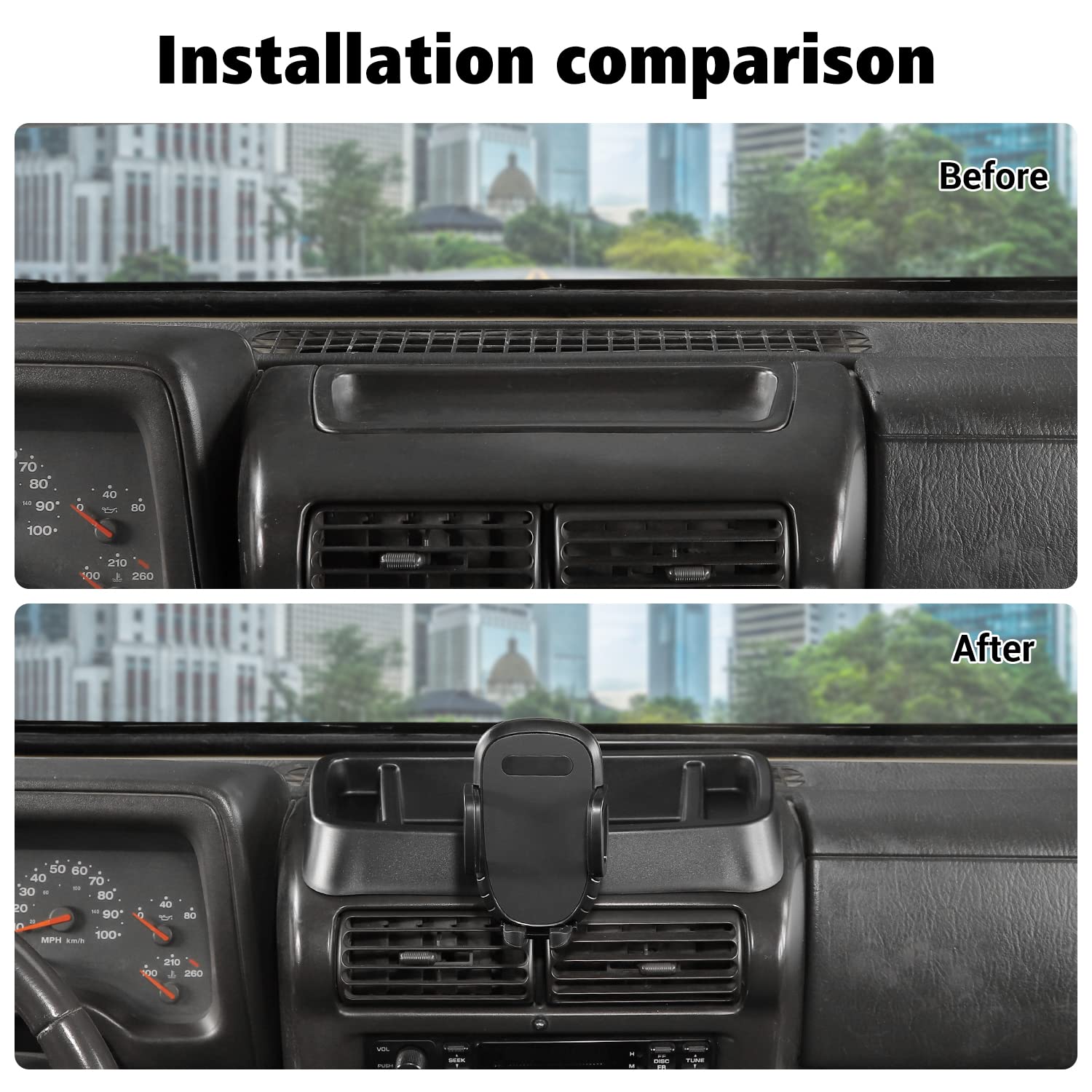 Jeep Wrangler TJ 1997-2006 Car Phone Mount Holder with Storage Tray - Universal Dash-Mount Organizer for Smartphones - Perfect Interior Accessory for Off-Road Adventures & Daily Commutes