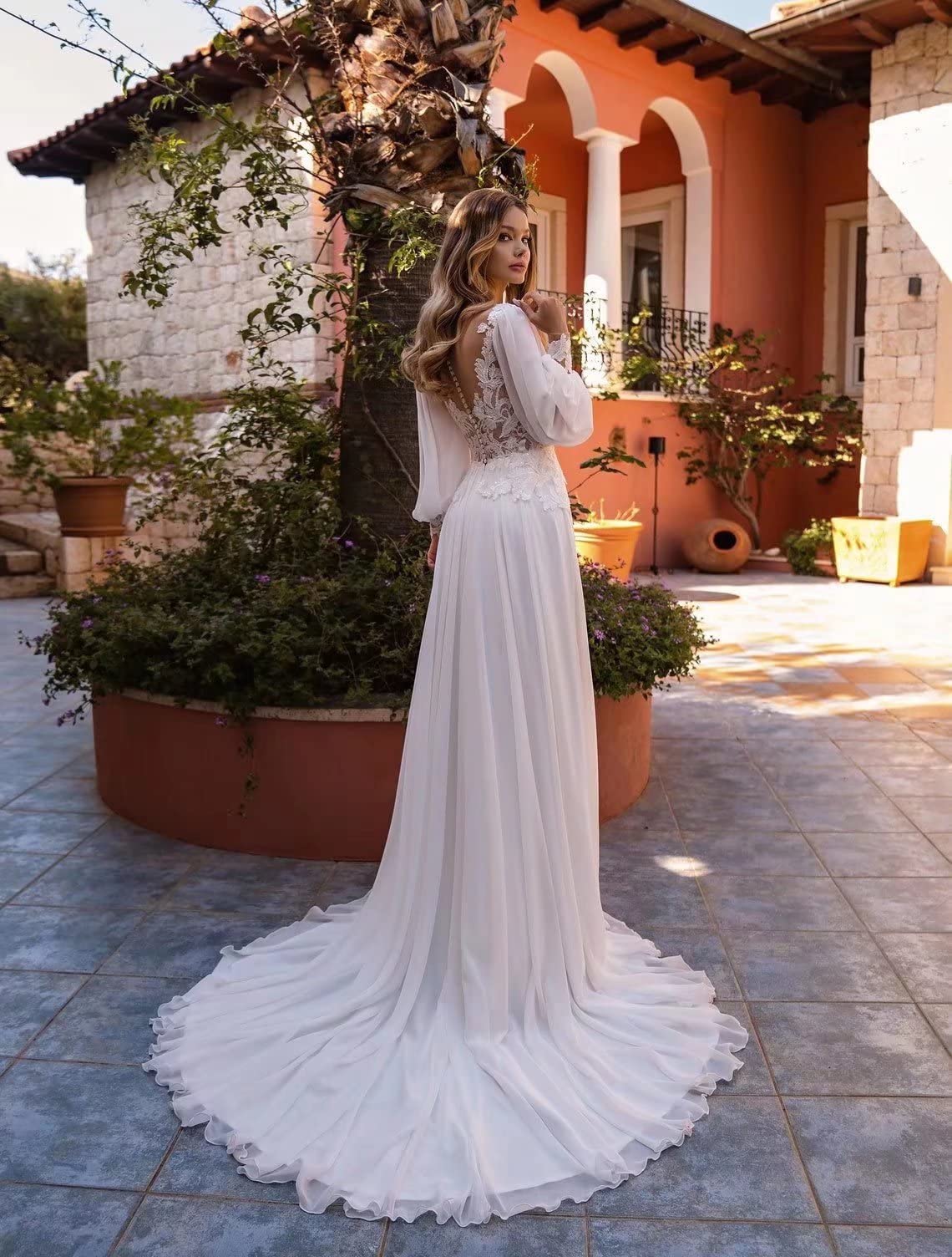 Elegant Deep V Neck Long Lace Wedding Dress with Puffy Sleeves - Romantic Bridal Gown for Women (DR0001-12) | Perfect for Church Ceremonies, Beach Weddings & Formal Receptions