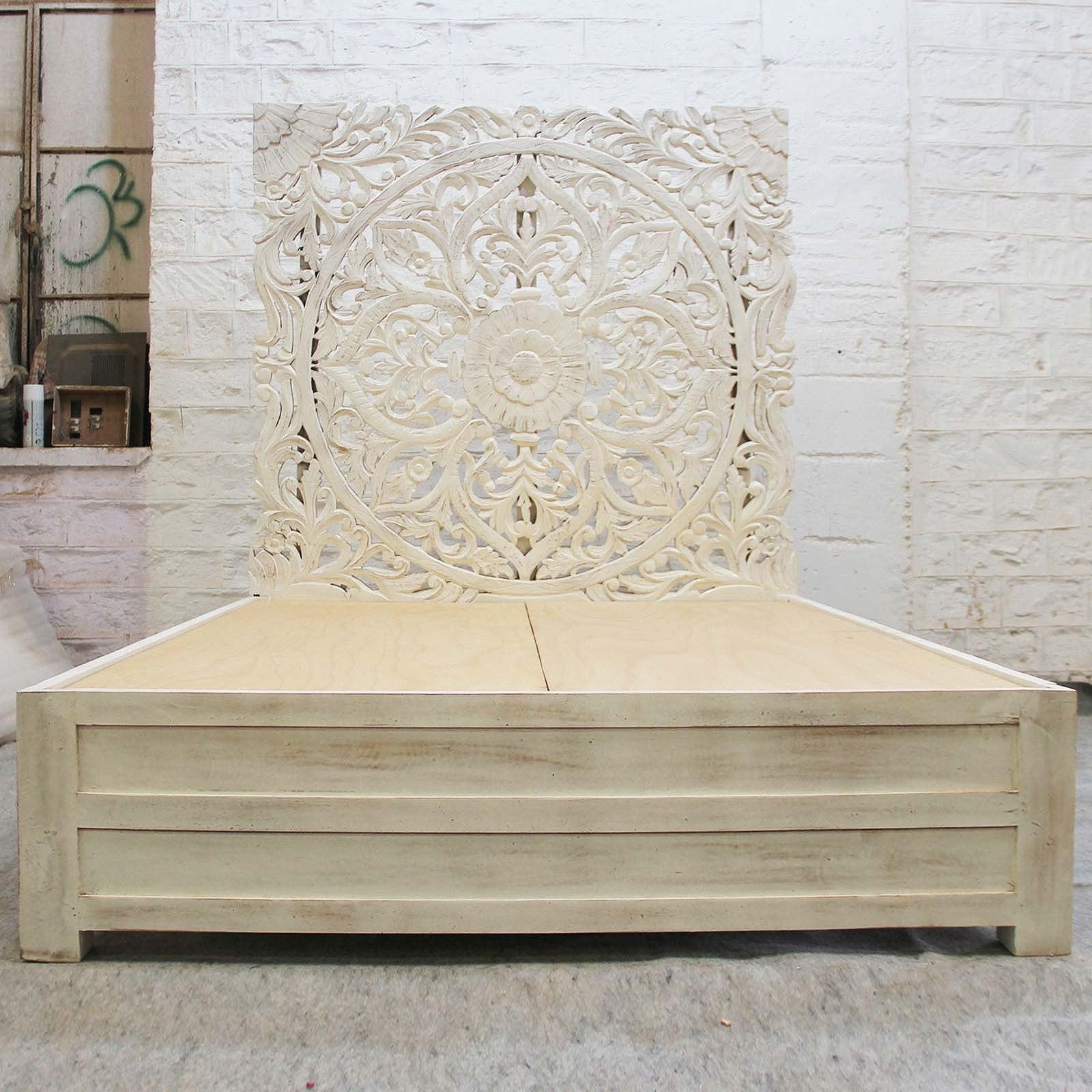 Hand Carved Indian Solid Wooden Sahara Bed Frame in White - Queen/King Size Luxury Bed Frame for Master Bedroom & Guest Room Decor