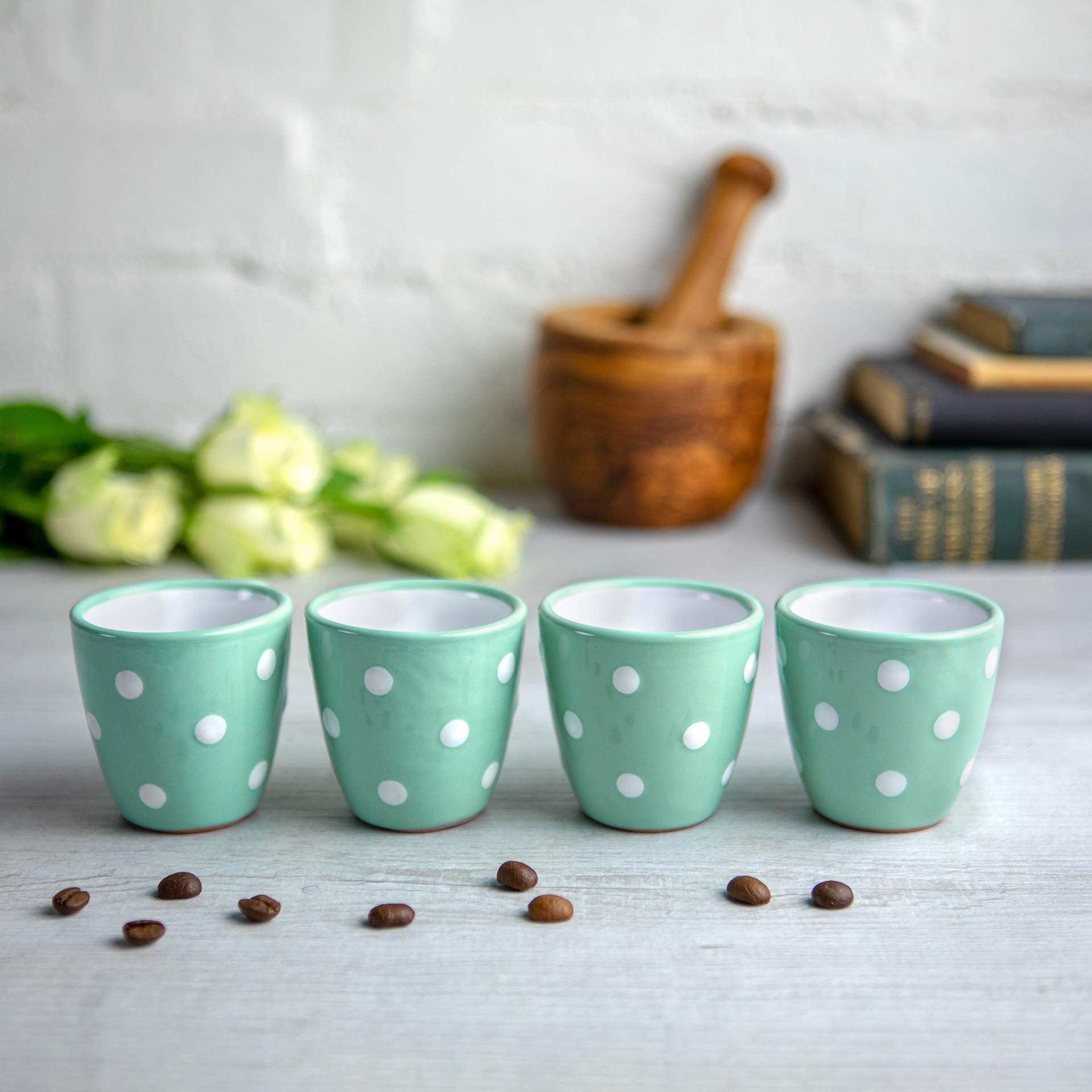 Handcrafted Turquoise Blue Polka Dot Ceramic Espresso Cups Set of 4 - Small Demitasse Cups for Espresso Machines & Coffee Makers - Perfect for Home Cafes, Italian Restaurants & Coffee Shops