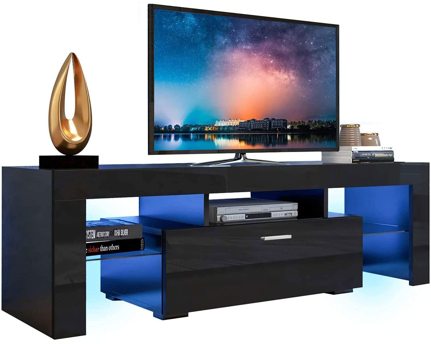 55 Inch TV Stand with LED Lights - Quick Assembly Entertainment Center & High Gloss Media Console Table, Living Room Storage Cabinet for TVs up to 65