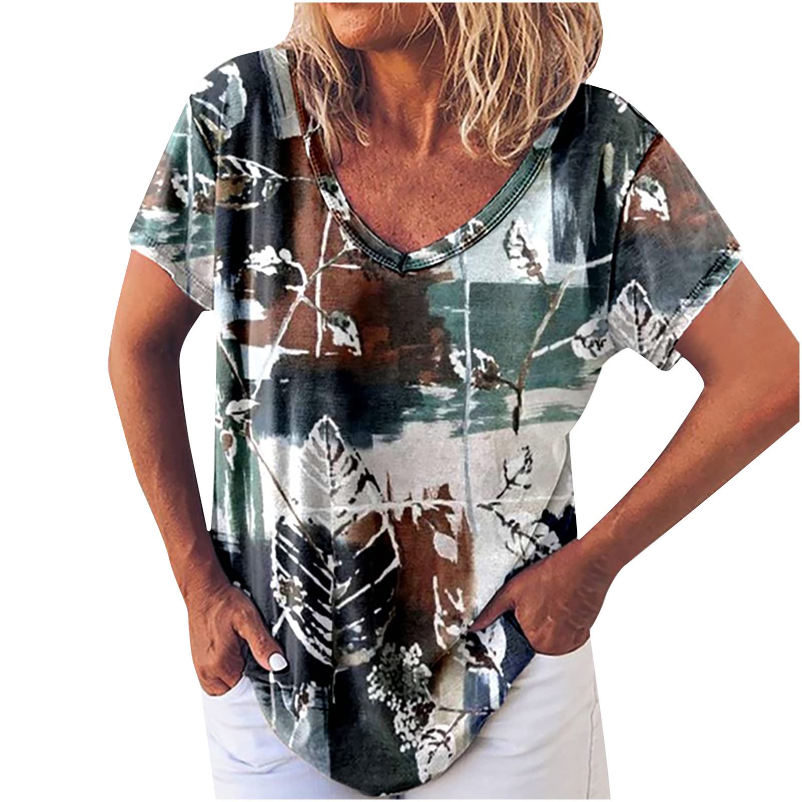 Women's Summer V-Neck Short Sleeve Tunic Tops - Flowy Loose Casual Printed Blouse Shirt for Beach, Vacation & Everyday Wear