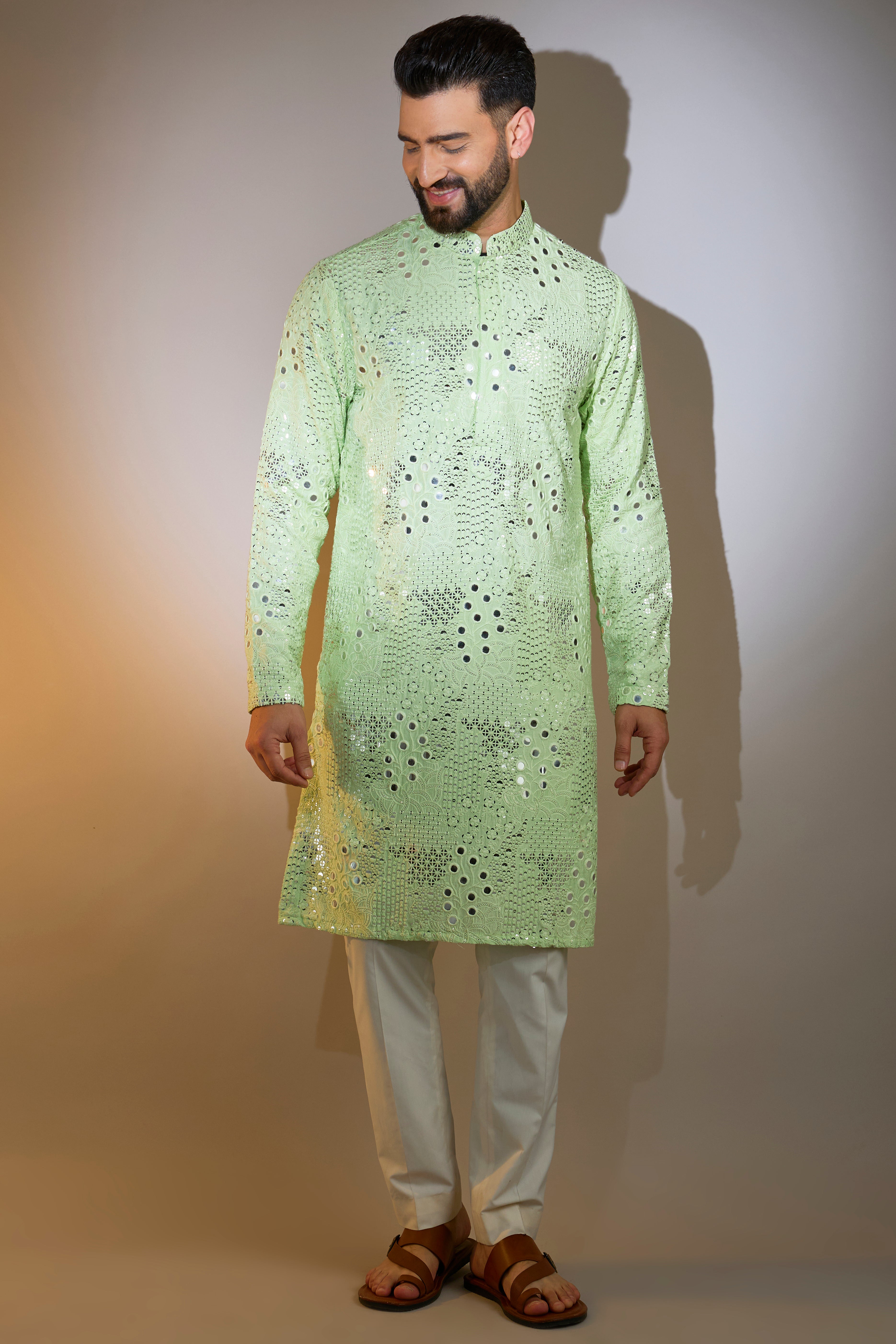 Pastel Green Mirror Work Kurta for Women - Elegant Embroidered Indian Tunic Top for Festivals, Weddings & Casual Wear