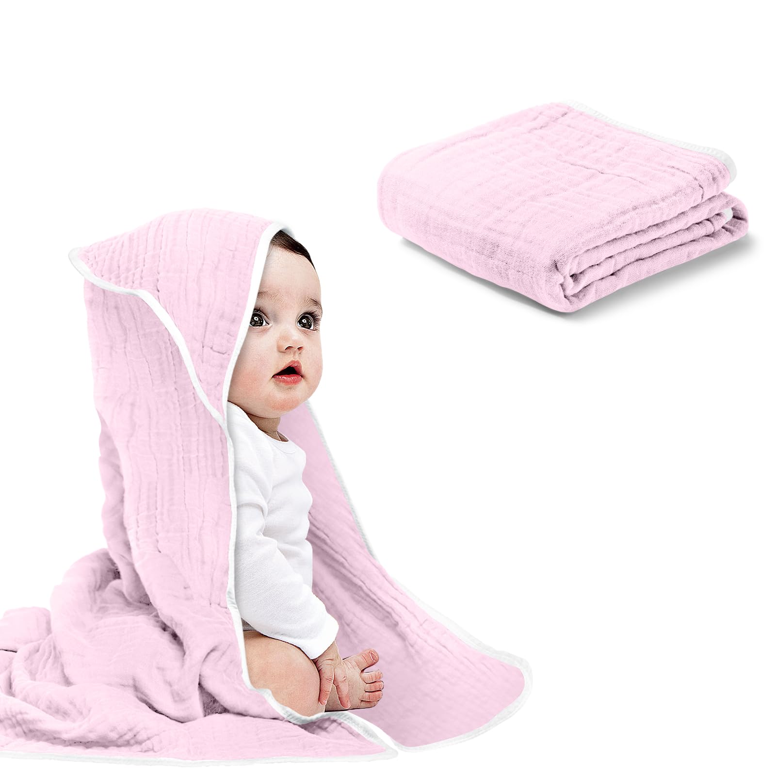 Soft & Absorbent Muslin Baby Hooded Towel for Newborns, Infants & Toddlers - Pink 1 Pack | Gentle Bath Time & Post-Swim Wrap for Baby Girls | Perfect Baby Shower Gift & Nursery Essential