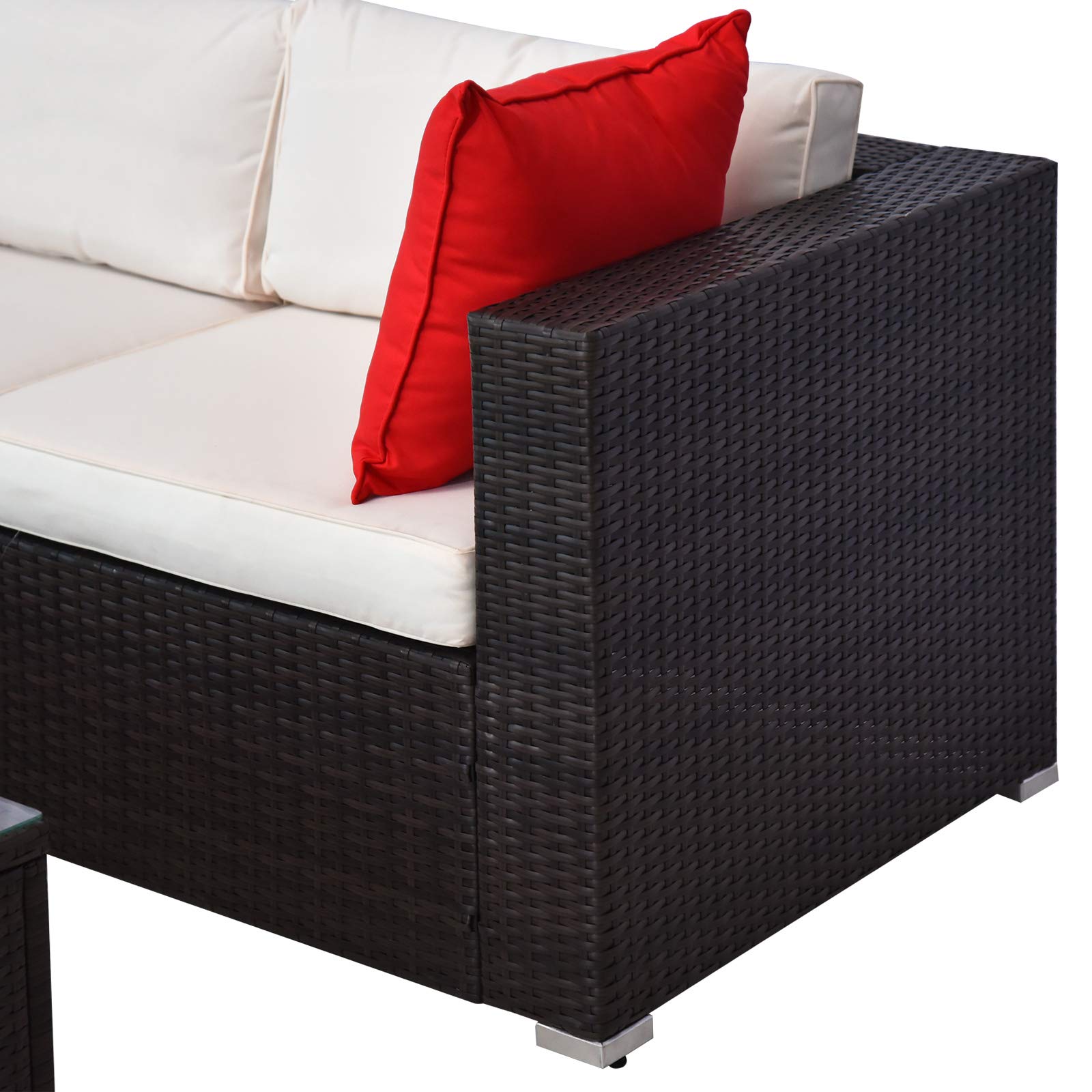 Outsunny 5-Piece Patio Furniture Set with Cushions & Glass Coffee Table - PE Rattan Wicker Sectional Sofa Set with Pillows for Garden, Backyard, Poolside (Brown/Cream White) - Perfect for Outdoor Relaxation & Entertaining