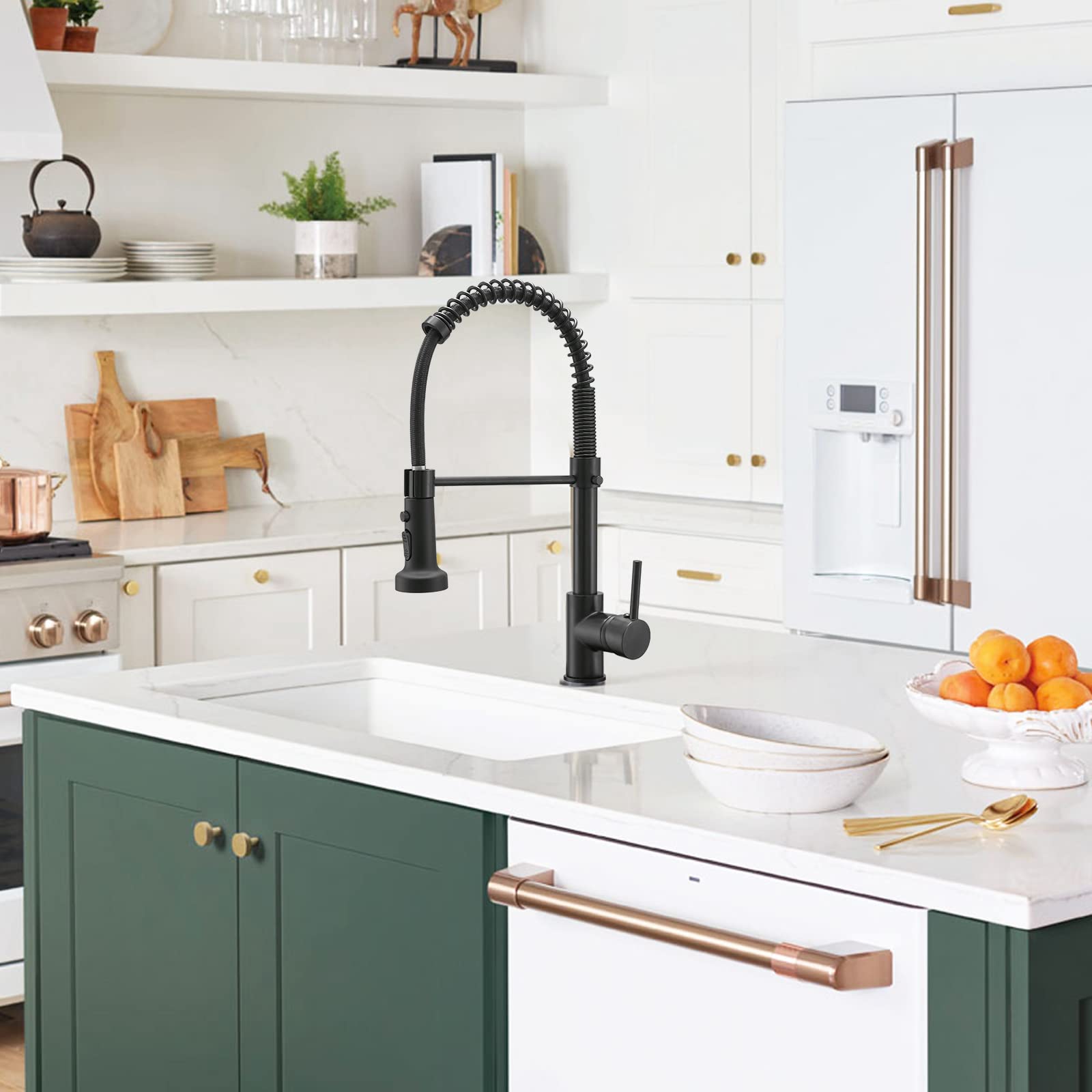 Hoimpro Matte Black Spring Kitchen Faucet with Pull Down Sprayer - 3 Function Single Handle RV Laundry Sink Faucet for RV, Camper, and Tiny Home Kitchen Renovation