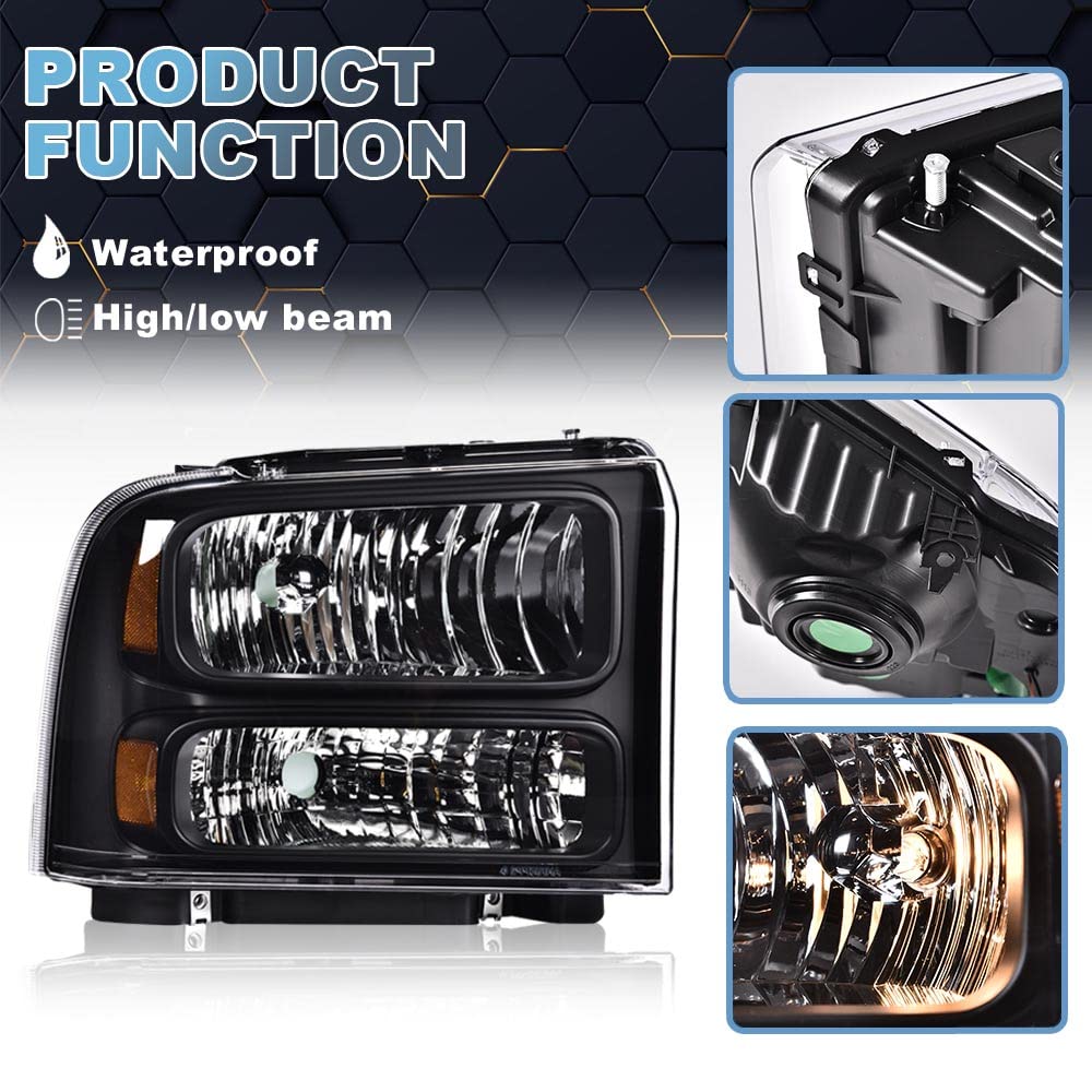 PIT66 Headlights for Ford F250 F350 Super Duty & Excursion - Clear Lens Black Housing - for Night Driving