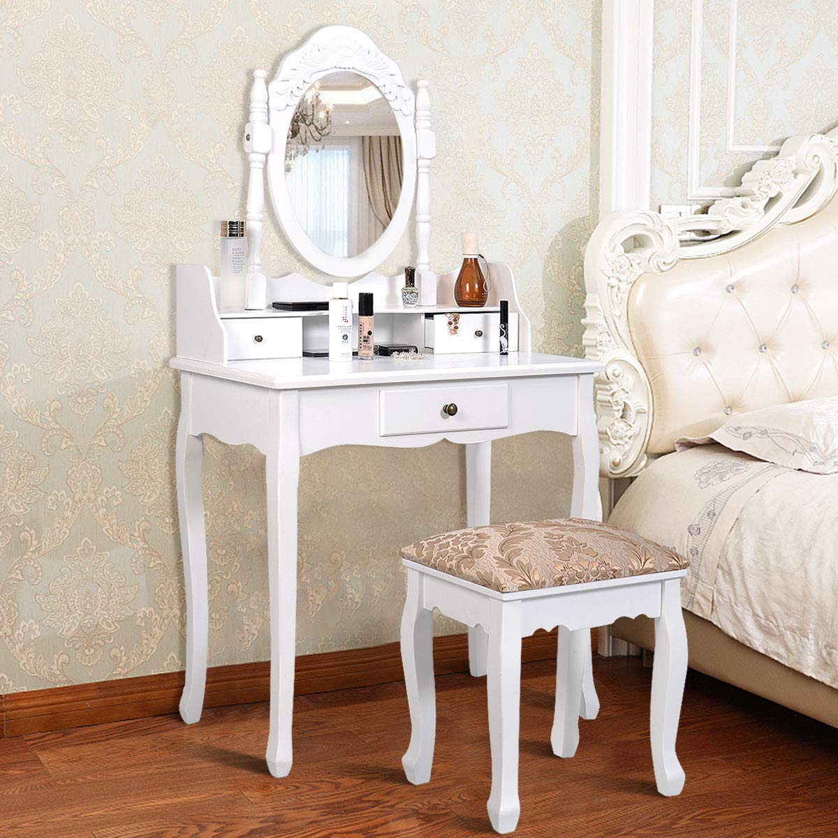Vanity Table Set with Oval Mirror & 3 Drawers - White Wooden Makeup Dressing Desk with Removable Top | Perfect for Bedroom, Dorm Room & Beauty Salon Organization