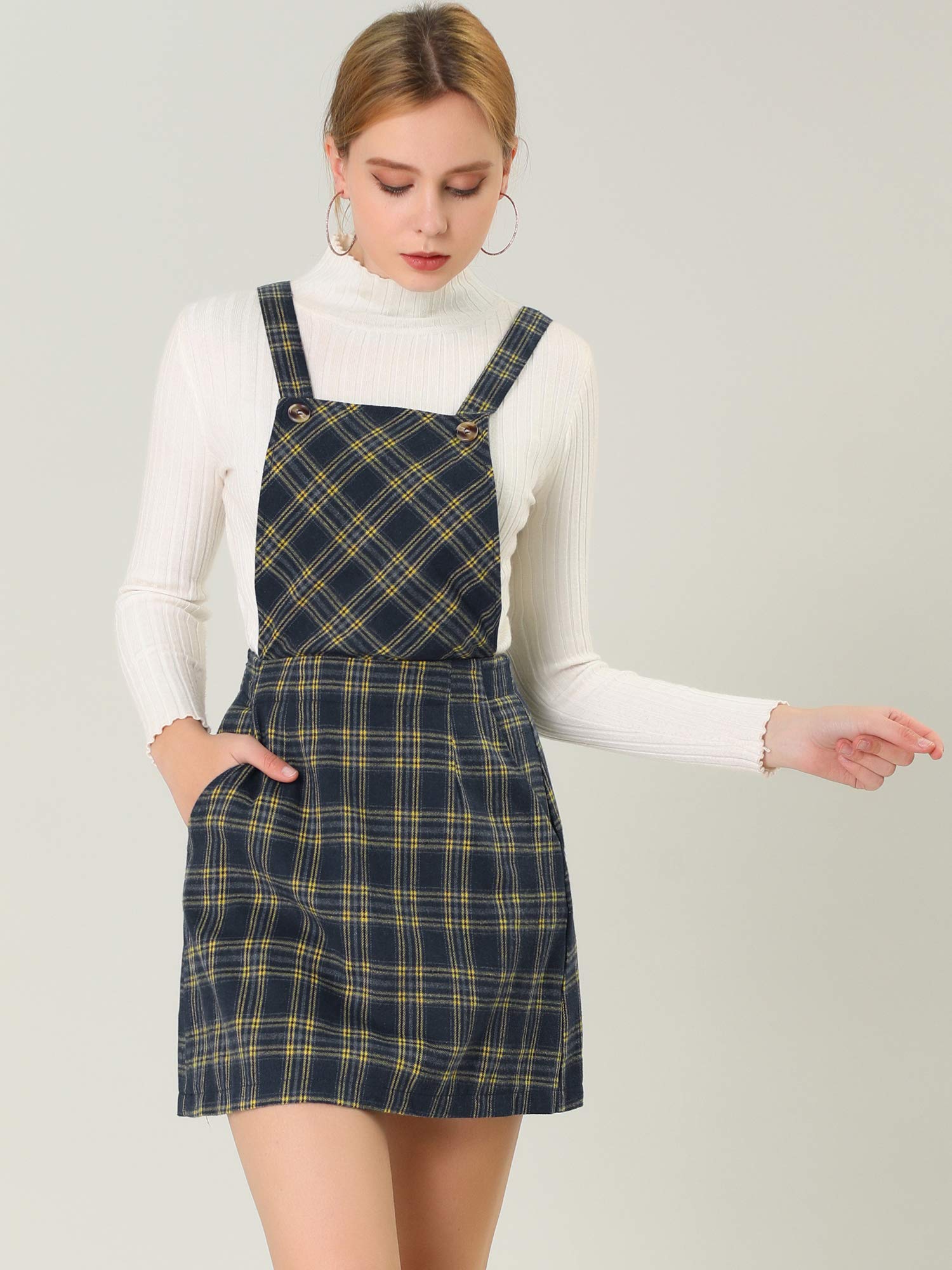 Allegra K Women's Plaid Adjustable Strap Pinafore Mini Dress - Stylish Bib Overall Suspender Skirt for Casual Outings, Date Nights & Spring Fashion