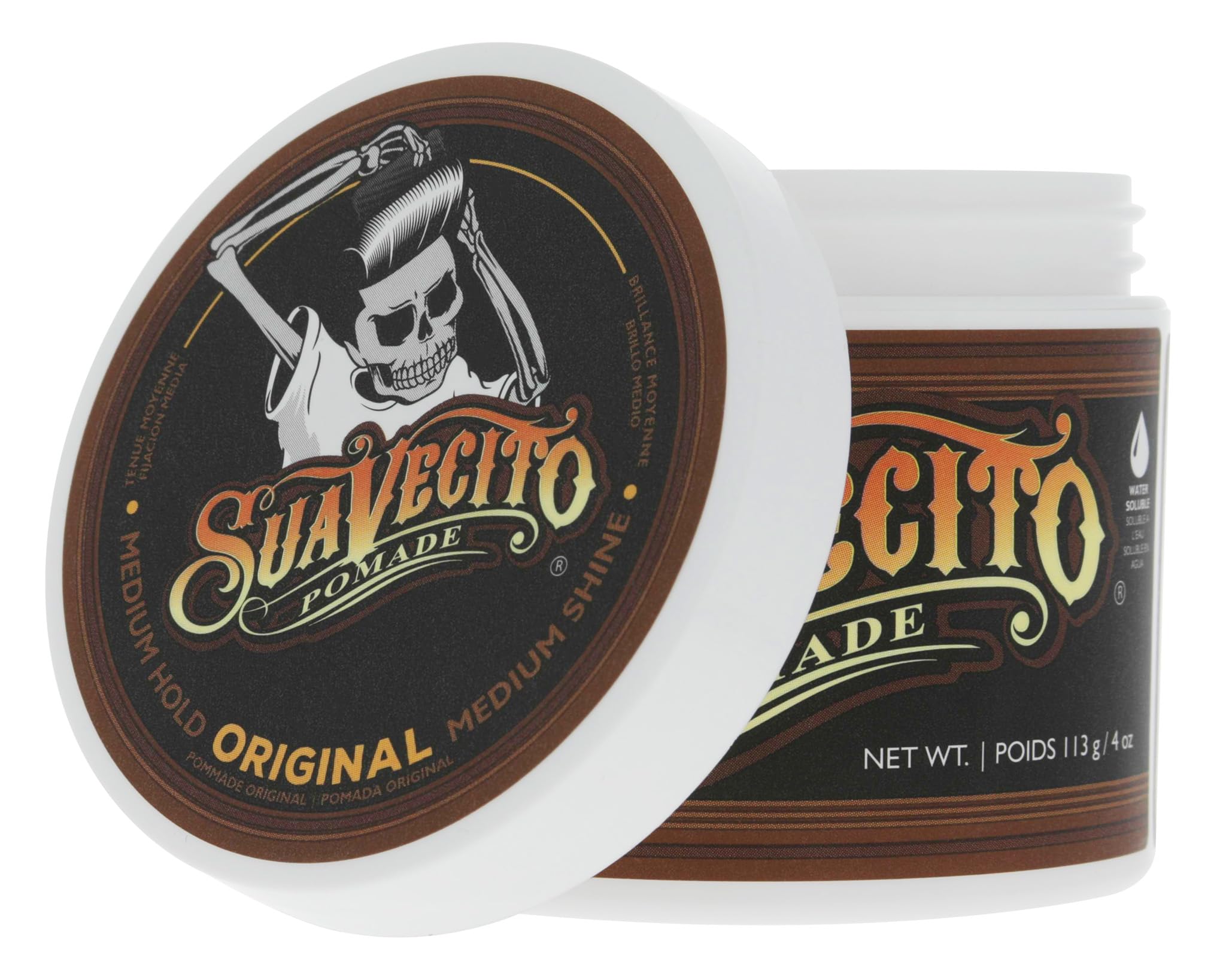 Suavecito Pomade for Men - Medium Hold & Shine Water-Based Hair Styling Wax (4oz) | All-Day Flake-Free Hold, Easy Wash Out | Perfect for Slick Back, Pompadour & Classic Hairstyles