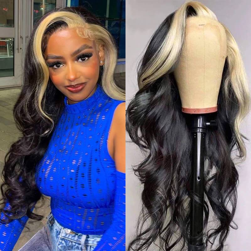 Eullair 13x4 Body Wave Lace Front Wig - Colored Blonde Skunk Stripe Human Hair Wig for Women | Perfect for Cosplay, Halloween, and Daily Fashion Styling