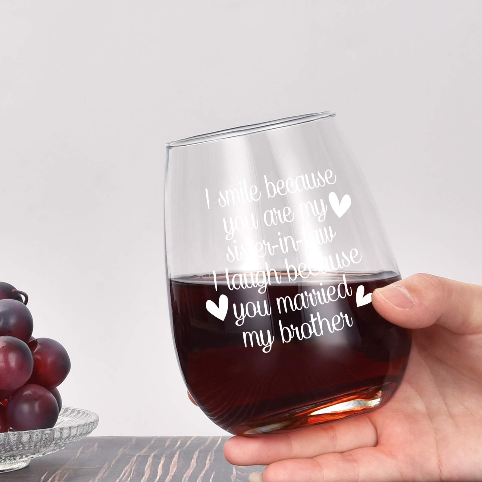 Funny Sister-in-Law Wine Glass Gift - 15Oz Stemless Wine Cup for Birthday, Bridal Shower, Wedding, Christmas - Perfect for Sister-in-Law, Bride & Women - Great for Parties, Celebrations & Relaxing at Home