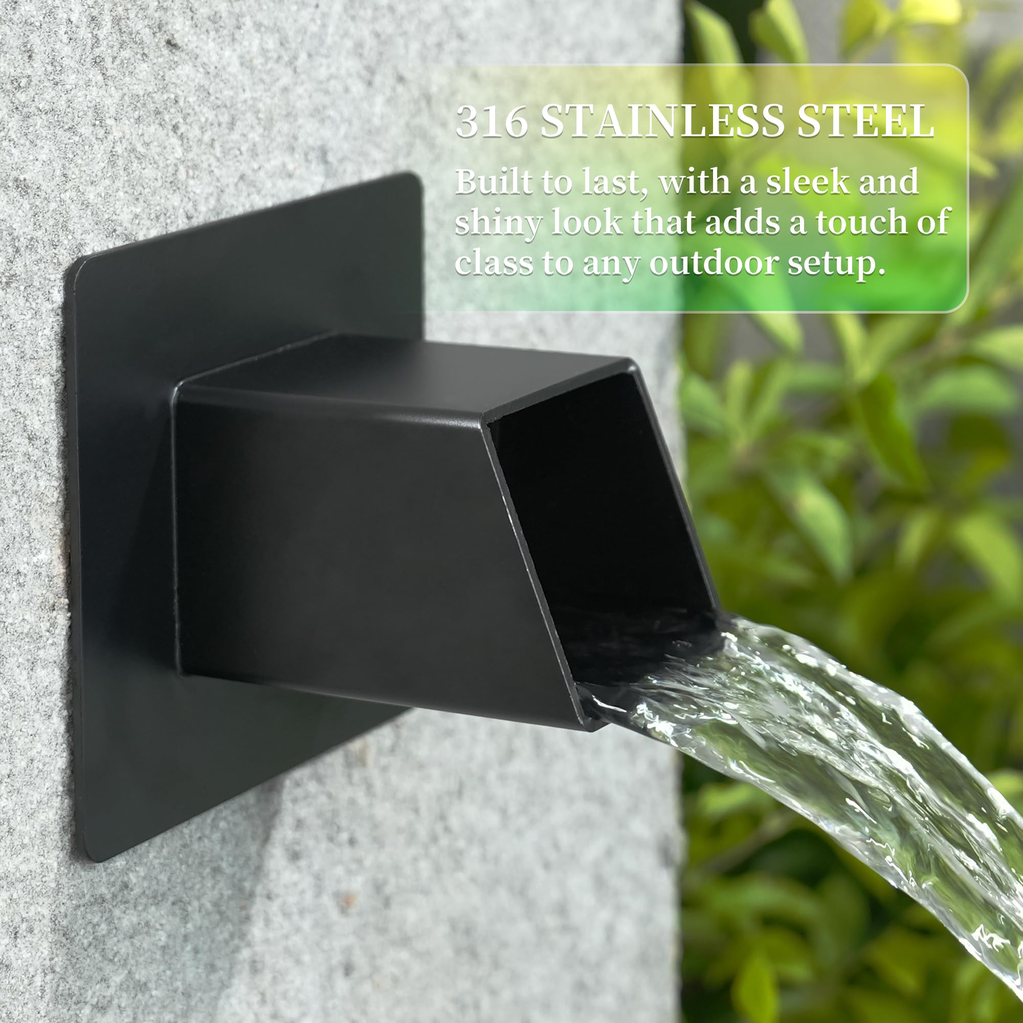 2 Inch 316 Stainless Steel Square Water Fountain Spout with Integrated Spray Baffle - Waterfall Spillway Scupper for Outdoor Decor, Pools, Ponds, Water Walls - Black | Perfect for Garden Fountains, Patio Water Features & Landscape Design
