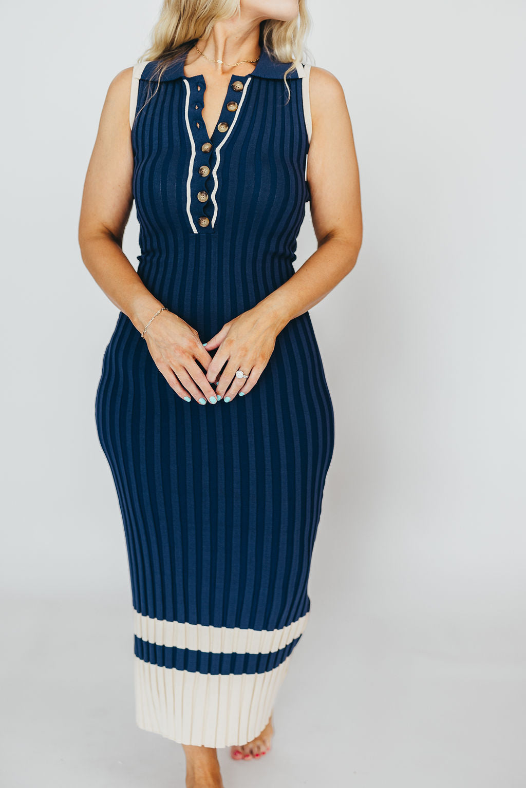 Jovie Women's Sleeveless Ribbed Maxi Dress with Button Front - Navy Blue Summer Beach Dress for Vacation, Date Night & Casual Outings