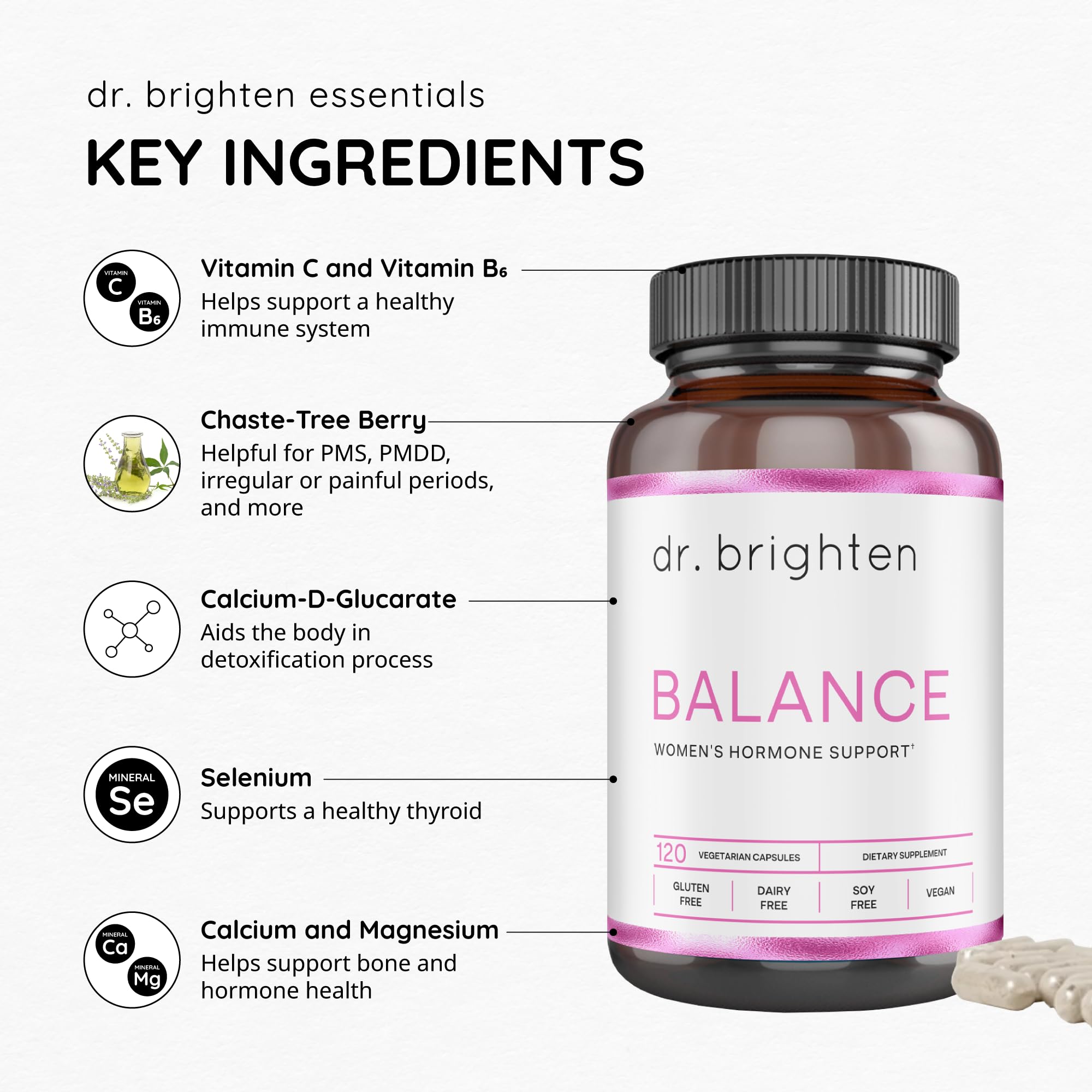 Dr. Brighten Balance - Hormone Balance Supplement for Women with Chasteberry & DIM - Supports Hormonal Acne Relief, Menstrual Cycle Regulation & PMS Symptoms - Vegan, Non-GMO Formula - Perfect for Daily Wellness & Natural Hormone Support