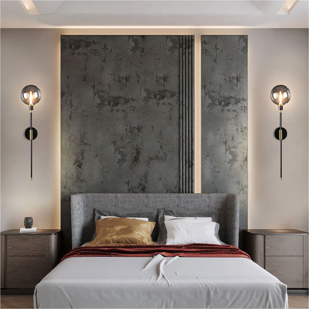 Modern Glass Globe Wall Sconce Light Set of 2 - Brass & Black Contemporary Lighting with Smoke Glass for Hallway, Bedroom, or Living Room - Large Long Sconce Wall Lights for Home Decor