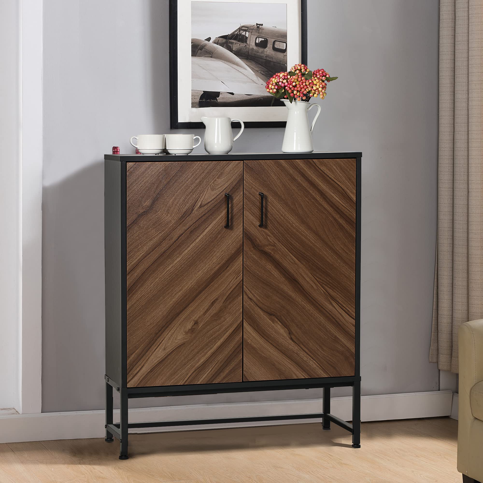 ALPHA HOME Wooden Accent Cabinet with Doors - Farmhouse Style Buffet Storage Cabinet for Kitchen, Dining Room & Living Room - Adjustable Shelf, Distressed Finish - 28.9 x 12.5 x 35.2 Inches (Brown/Black) - Perfect for Home Decor, Organizing Dishes & Displaying Collectibles