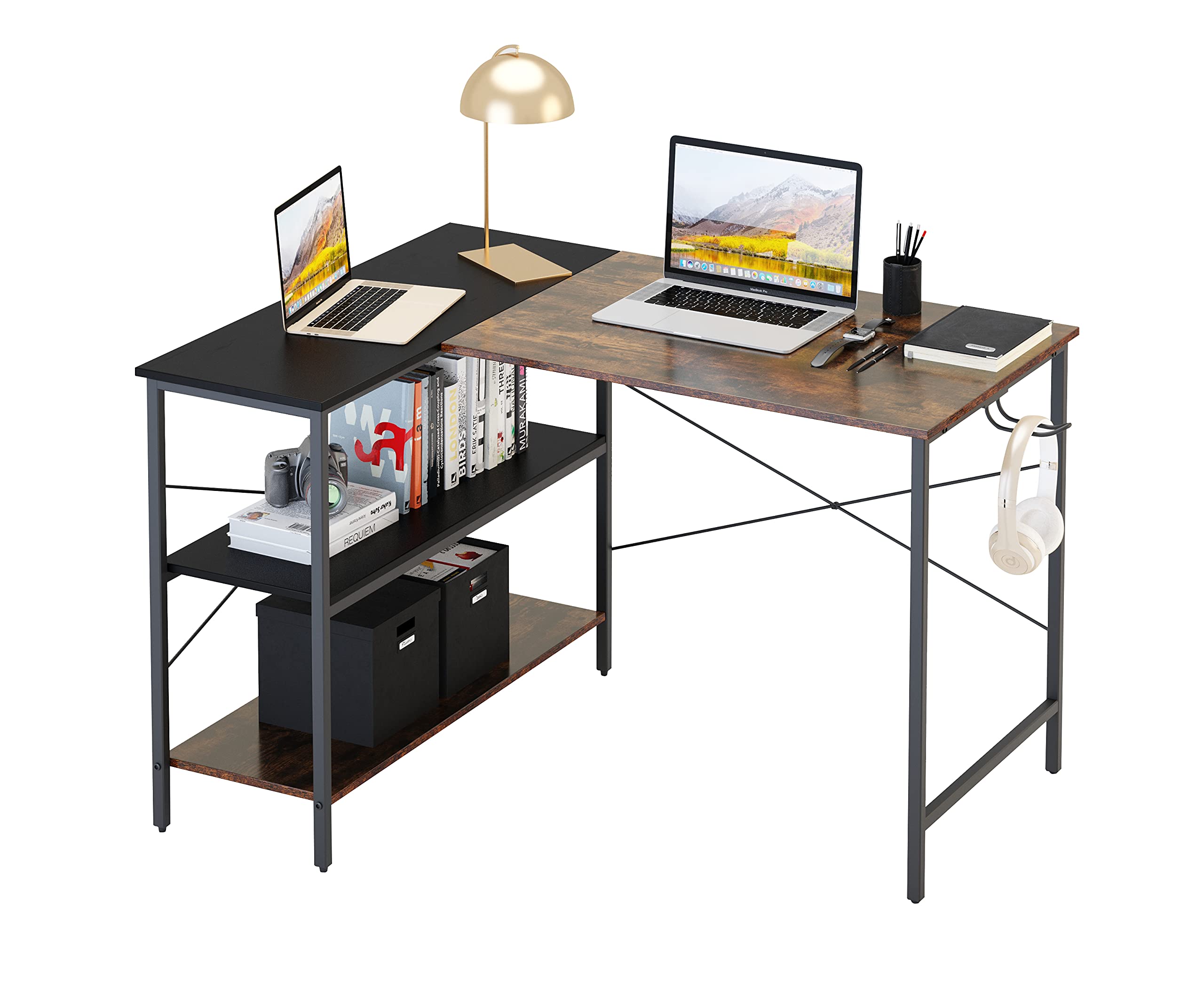 **PADMA HOUSE L-Shaped Computer Desk with Drawers & Storage Shelves - Industrial Style Home Office Desk, Black & Brown - Perfect for Small Spaces, Gaming & Remote Work**