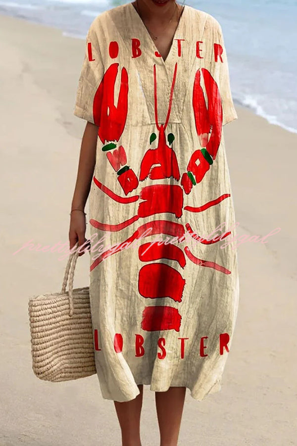 Stylish Marine Print V-Neck Short Sleeve Midi Dress for Women | Beach Vacation, Summer Party & Casual Outfit