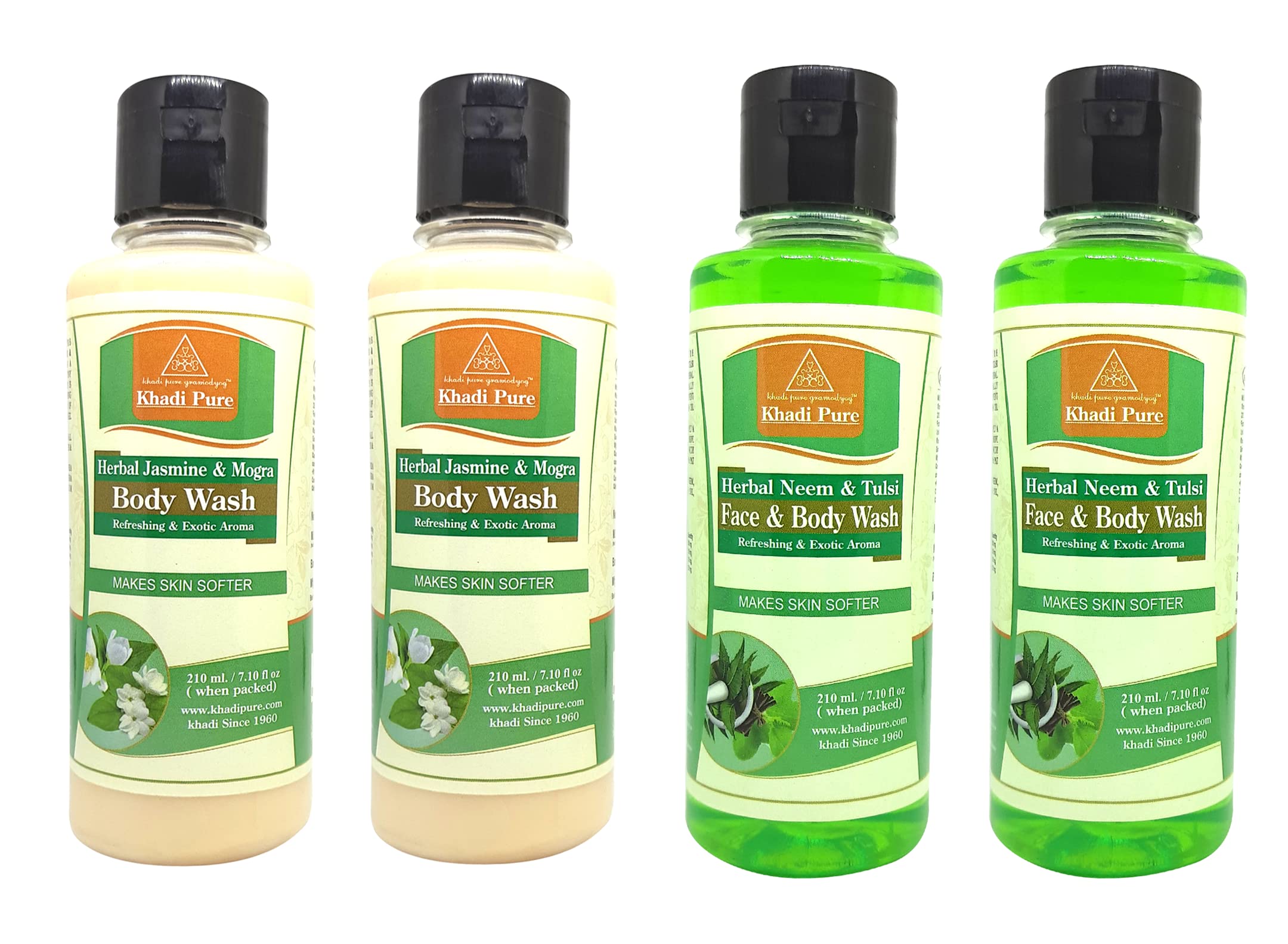 Khadi Pure Jasmine Mogra & Neem Tulsi Body Wash - 210ml (Pack of 4) | Natural Ayurvedic Herbal Body Cleanser for Soft & Glowing Skin | Perfect for Daily Shower & Spa Relaxation at Home