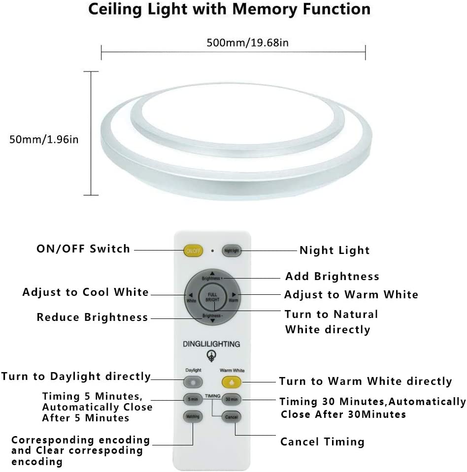 Depuley 48W Dimmable LED Ceiling Light Fixture - 20 Inch Round Flush Mount with Remote Control, 3 Color Changing Lights for Dining Room, Living Room, Bedroom, Office & Hotel - Perfect for Modern Home and Commercial Lighting