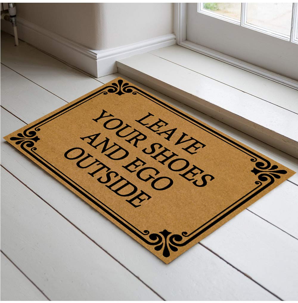 Jackey&Smith Funny Welcome Doormat - 'Leave Your Shoes & Ego Outside' Non-Slip Entrance Rug, 23.6x15.7 Inch Felt Fabric Door Mat for Home, Porch, Balcony & Office - Perfect Housewarming Gift & Decorative Floor Mat