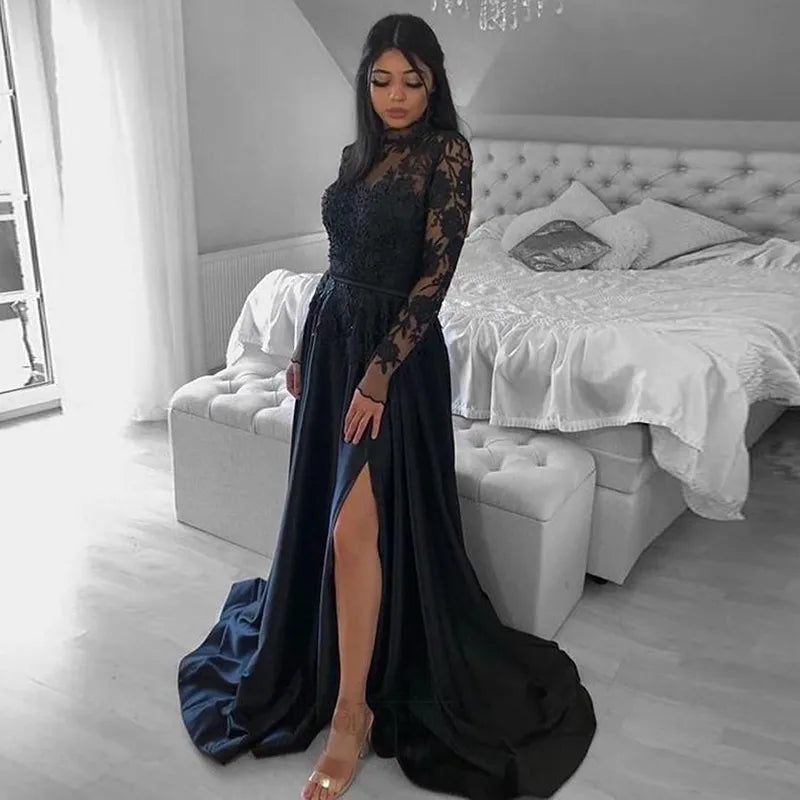 Elegant Long Sleeve Black Wedding Gown with High Neck Lace and Side Split - Perfect for Gothic, Vintage, or Alternative Bridal Ceremonies