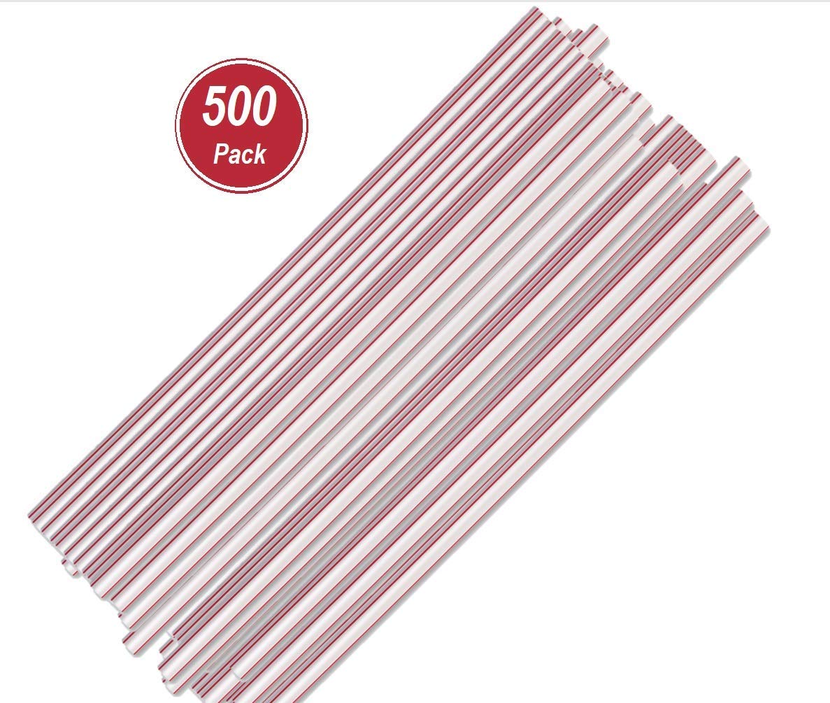 Eco-Friendly Disposable Plastic Straws - 500 Pack Red & White Striped for Parties, Drinks & Smoothies