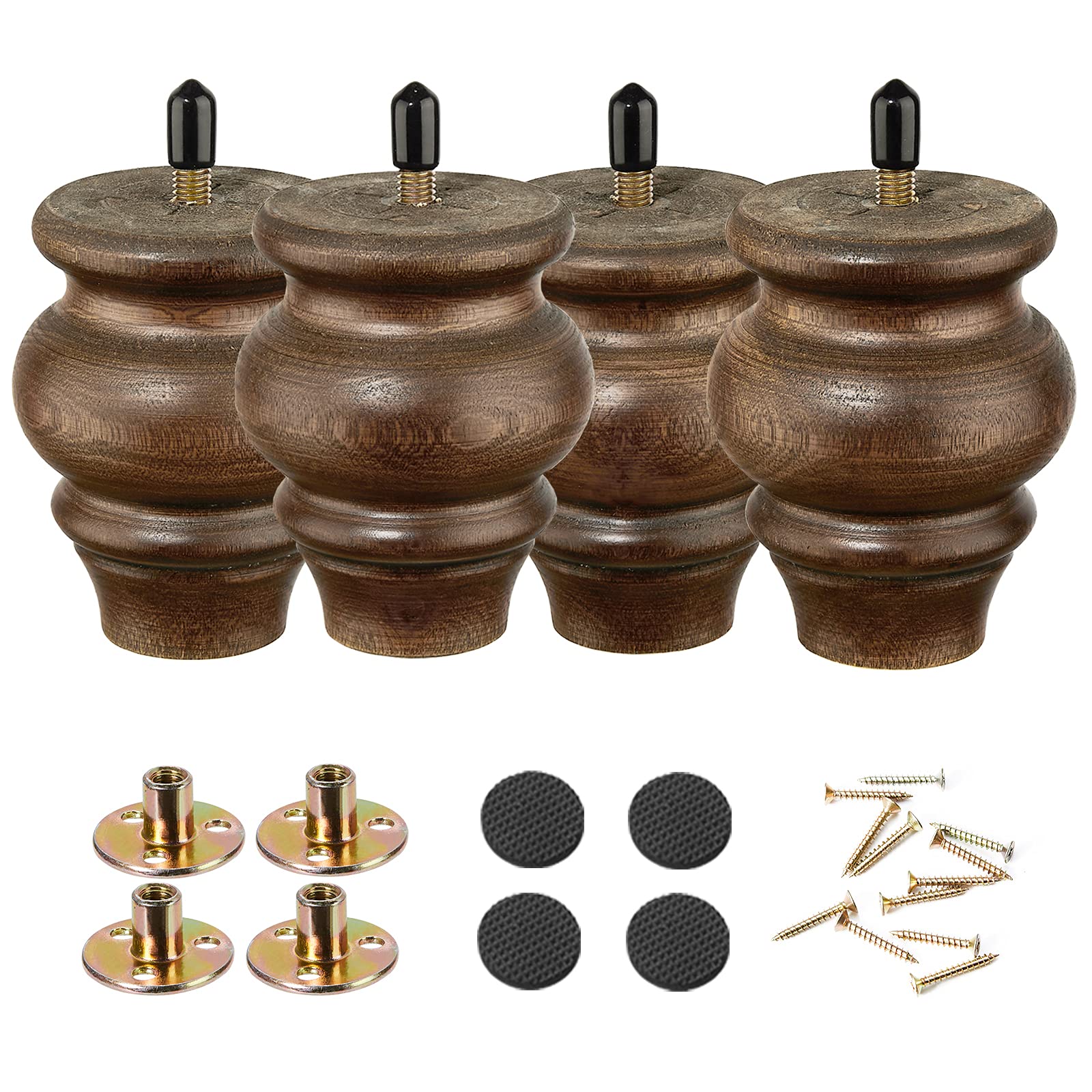 3.5 Inch Round Wooden Sofa Legs Set of 4 - Brown Furniture Replacement Feet for Couch, Armchair, Recliner & Coffee Table - Perfect for Home Office, Living Room & Bedroom Decor