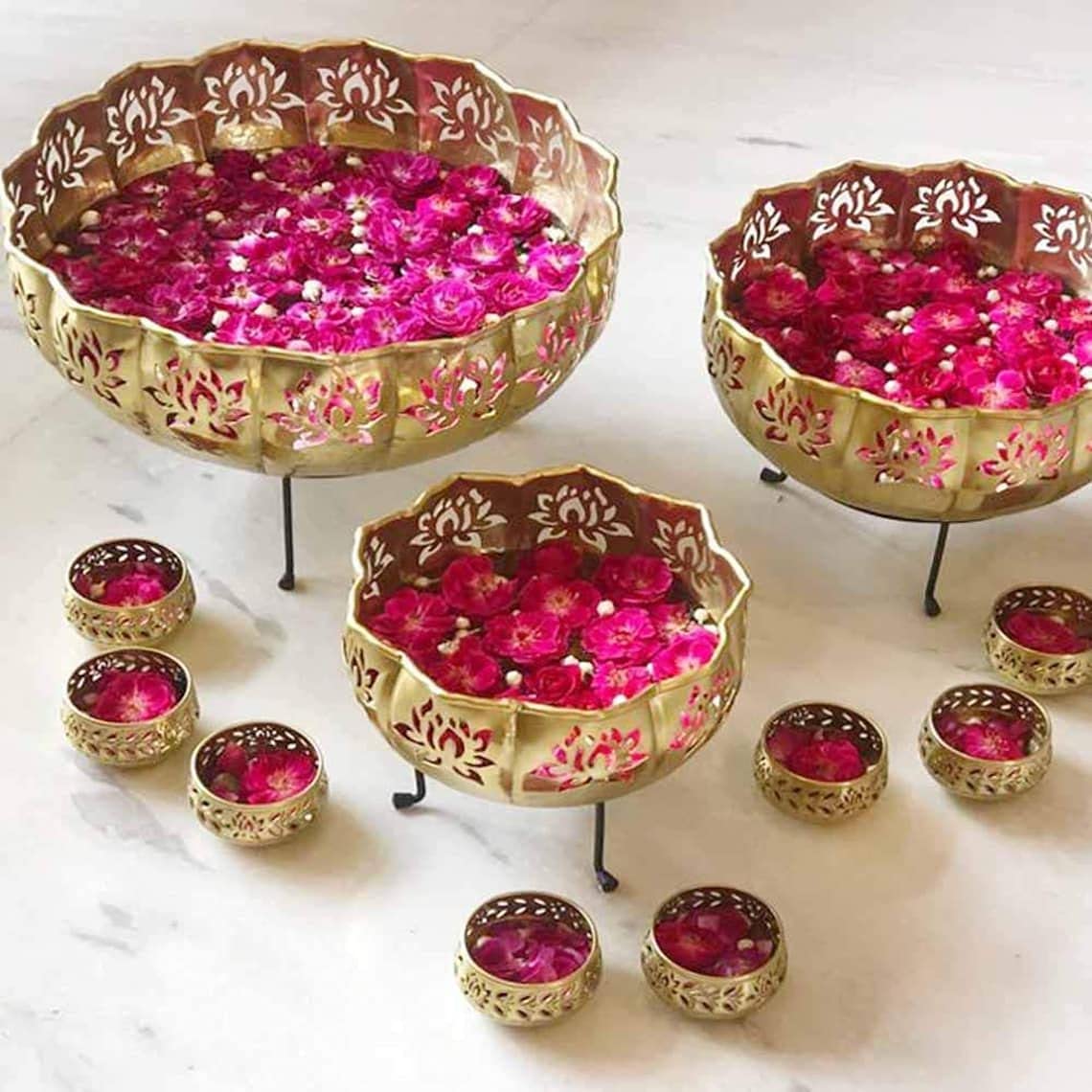 Iron Lotus Urli Pot - Floating Flower & Candle Holder Set of 13 Pieces (14/12/10 with Stand, 7 Votives, 3.5