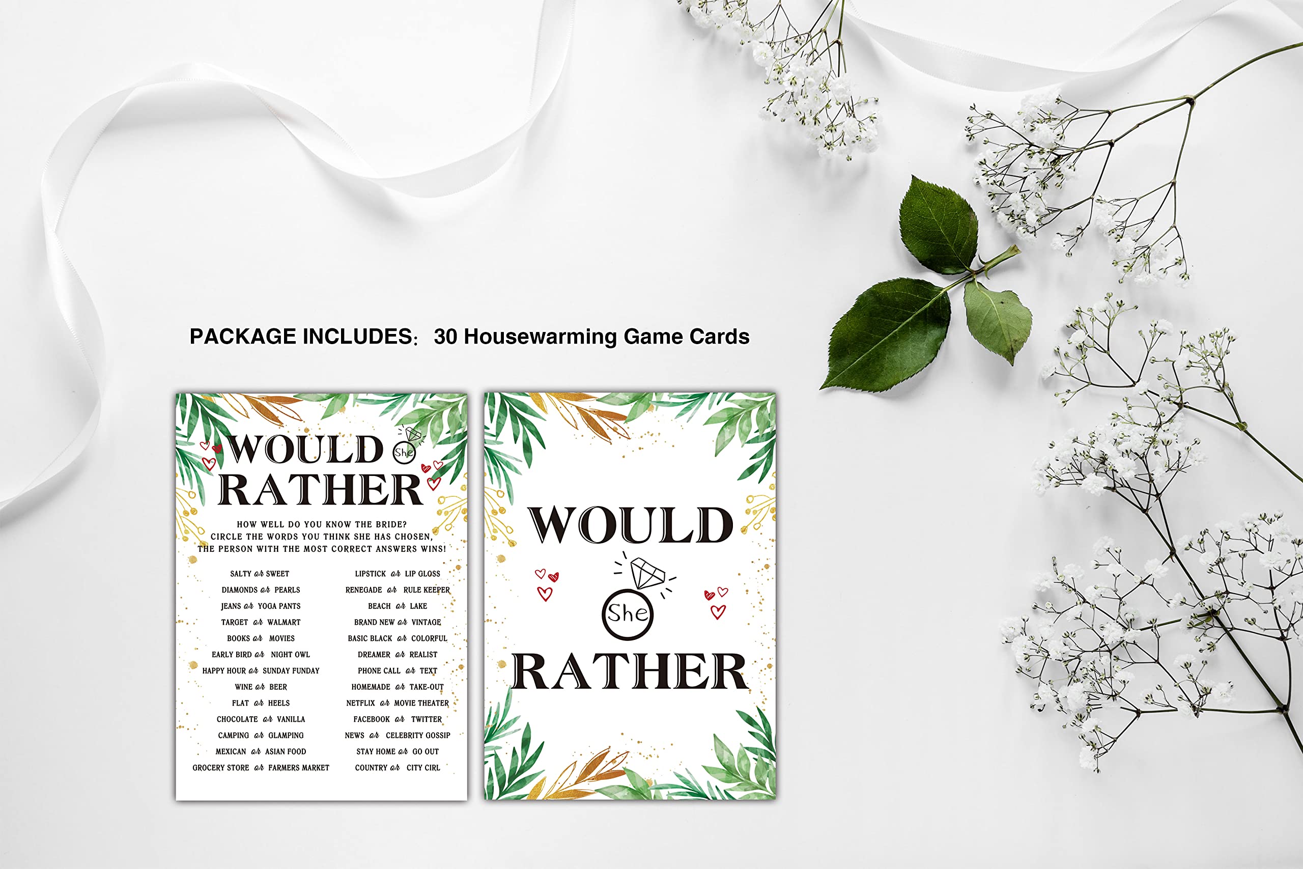 Would She Rather Wedding Party Game - 30 Pack Gold Foil Greenery Eucalyptus Bridal Shower Cards for Bachelorette & Engagement Parties - Fun Icebreaker Activities for Wedding Showers, Girls Night Out & Pre-Wedding Celebrations