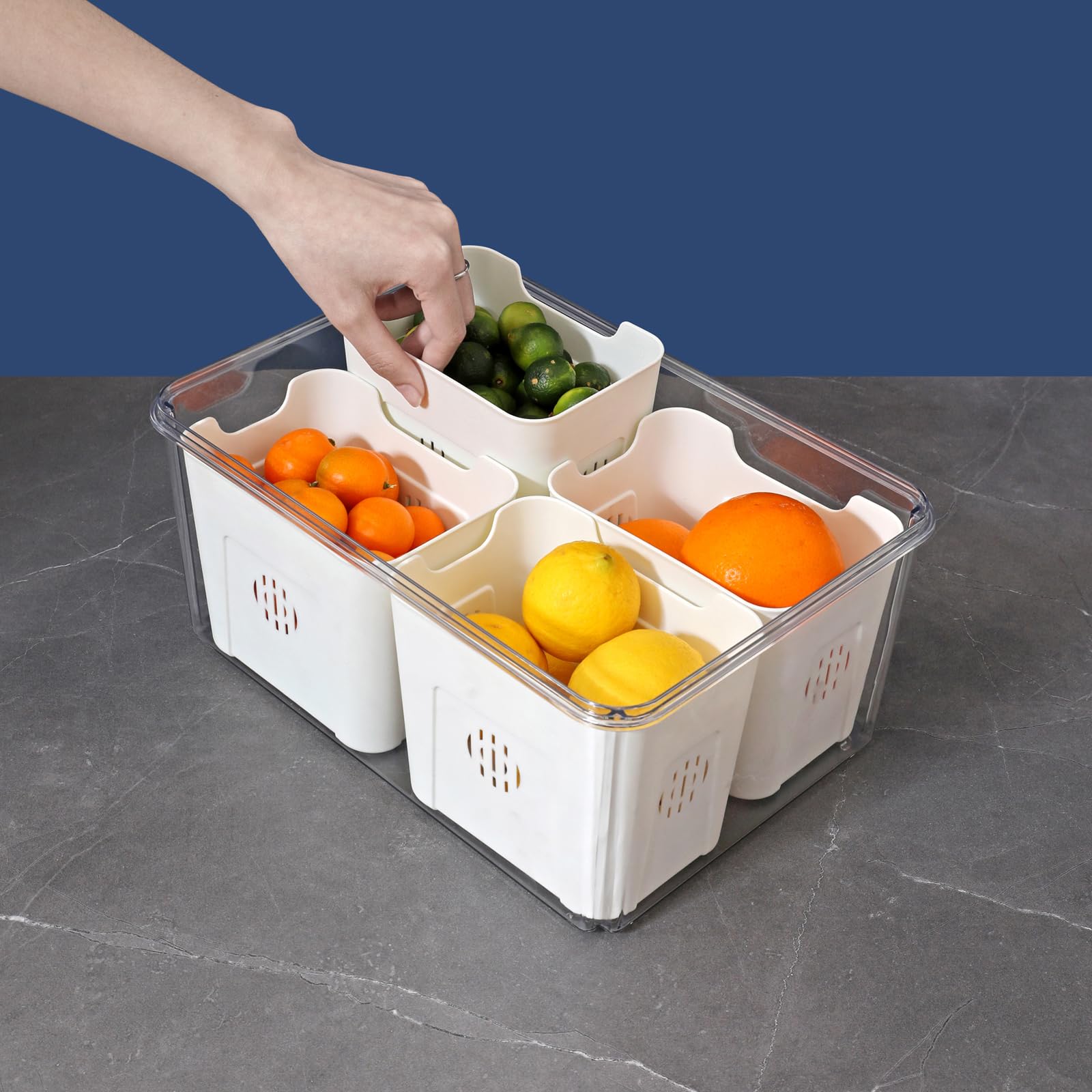 Taiuloo 4-Pack Airtight Food Storage Containers for Refrigerator - BPA-Free Plastic with Lids & Handles, Removable Colanders for Fruits, Vegetables, Berries | Fridge Organizer, Meal Prep, Leftovers Storage
