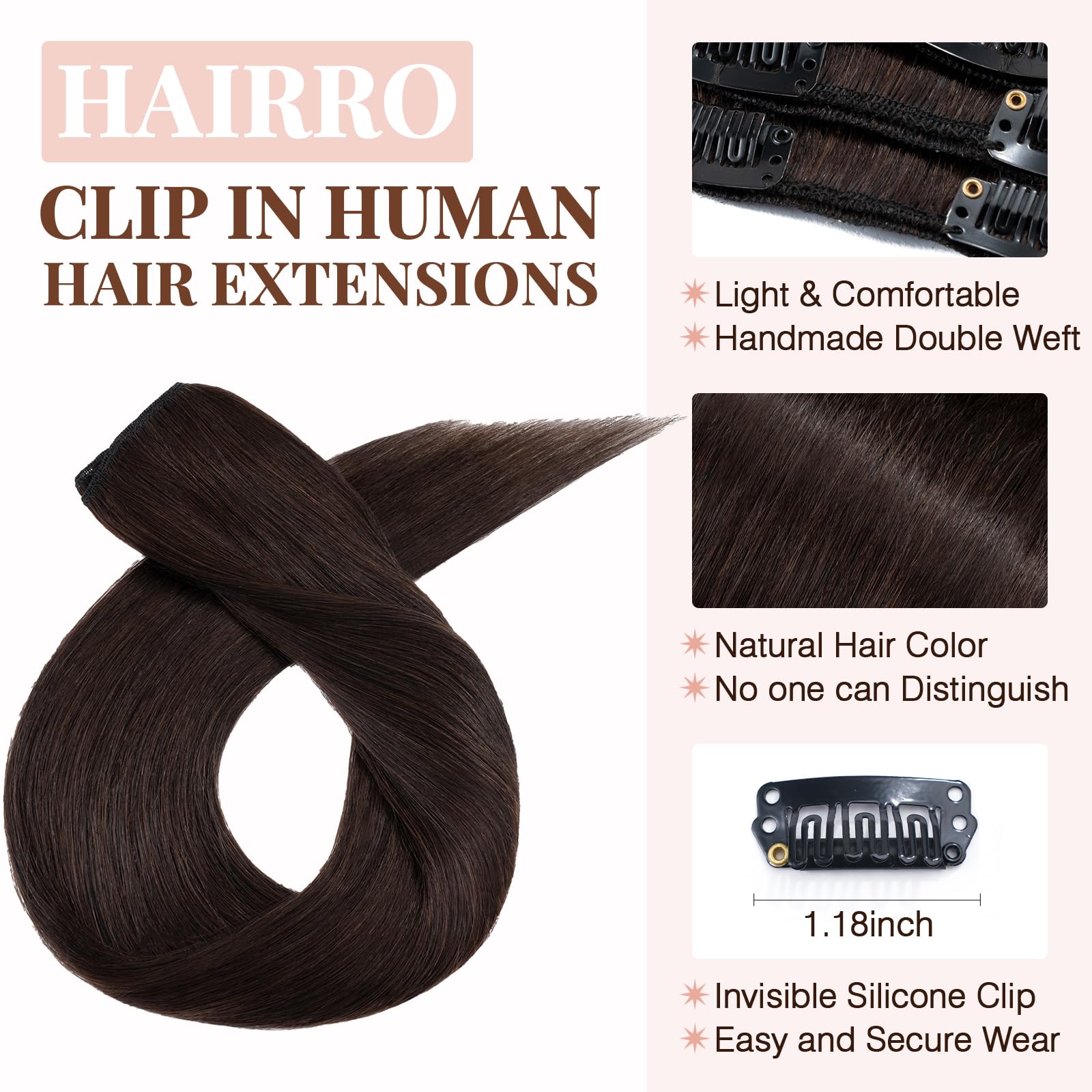 Hairro Clip in Hair Extensions 100% Human Hair - 14 Inch Thin Weft (60g) 8-Piece Set with 18 Clips - Straight Hair for Women - #2 Dark Brown - Perfect for Volume, Length & Styling for Parties, Weddings & Daily Wear