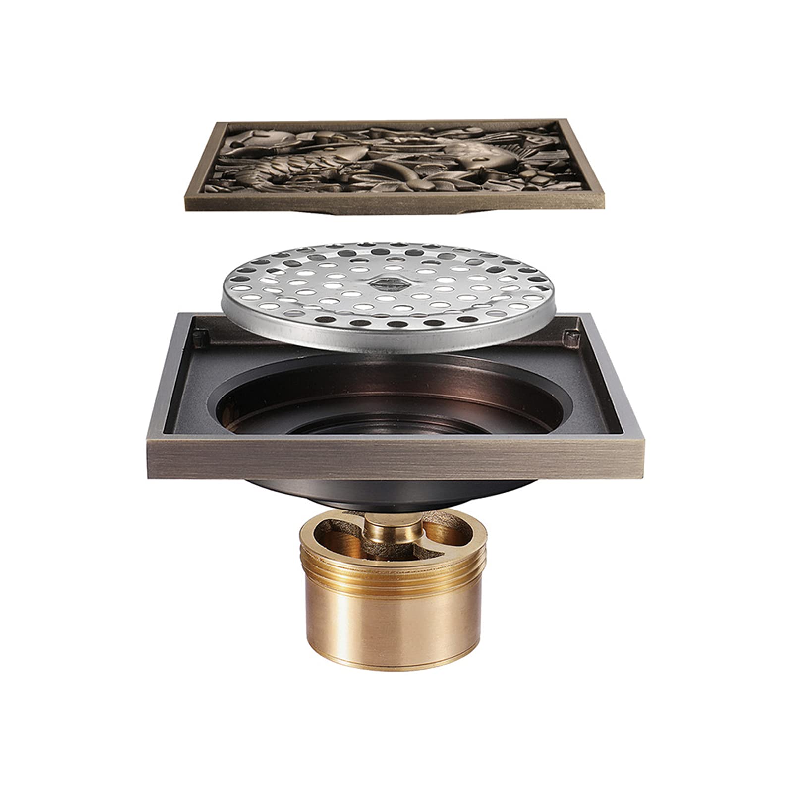 4 Inch Square Brass Shower Drain - Antique Bronze Floor Drain with Removable Cover & Deodorant Function for Bathroom, Shower, and Wet Room - Perfect for Modern and Vintage Style Bathrooms