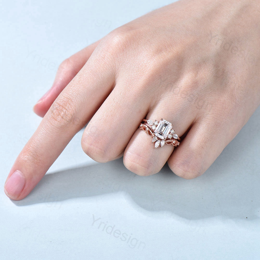 2Pcs 6x8mm Dory Emerald Cut Moissanite Engagement Ring Set - Wedding, Proposal, Anniversary Jewelry Gift for Her