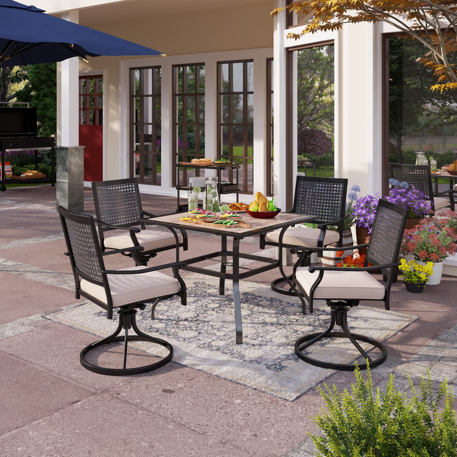 PHI VILLA 5-Piece Outdoor Patio Dining Set with Swivel Chairs & Wood-Like Table - Includes Cushions & Umbrella Hole - Perfect for Backyard, Garden, Bistro & Poolside Dining