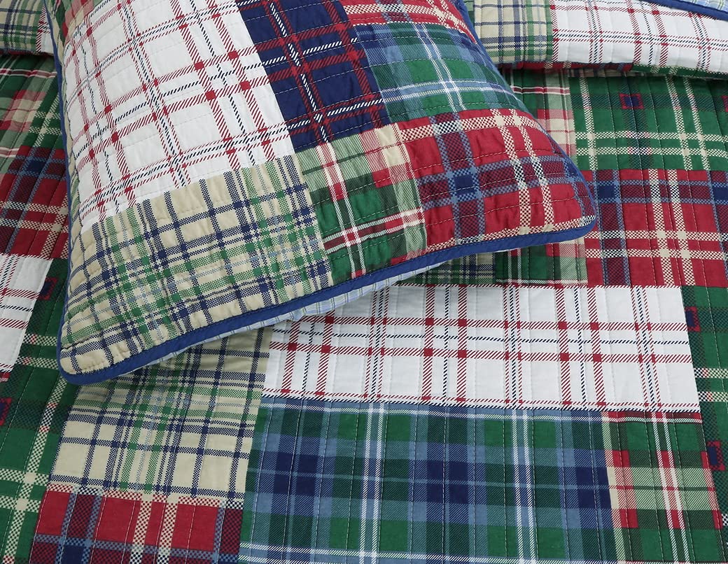 Tartan Plaid Reversible 3-Piece Quilt Set - 100% Cotton Full/Queen Size Bedding - Cozy Bedroom Decor for Fall & Winter