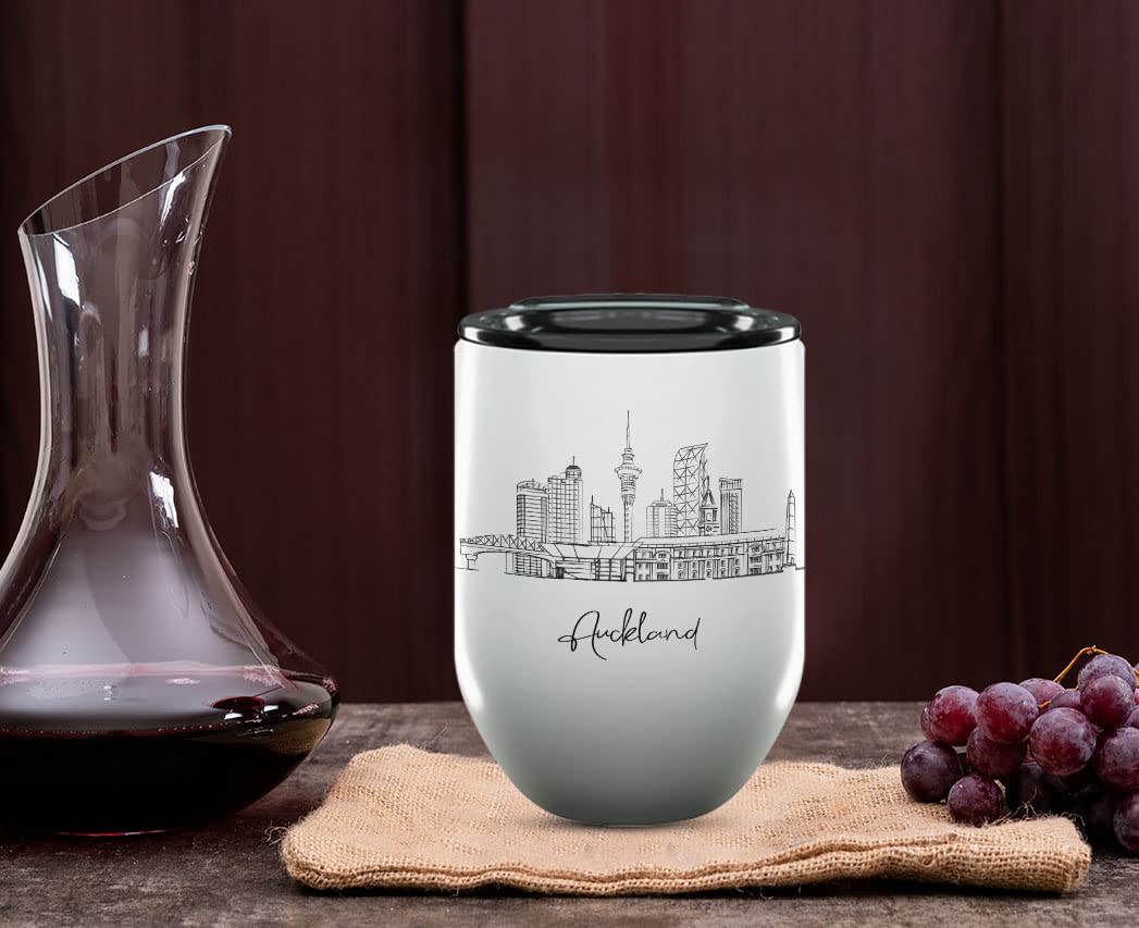 12 Oz Insulated Wine Tumbler with Lid - Auckland North Island Themed College Graduation Gift - Unique New Zealand Souvenir Drinkware for Her, Students & Long Distance Friends - Perfect for Travel, Picnics & Outdoor Adventures