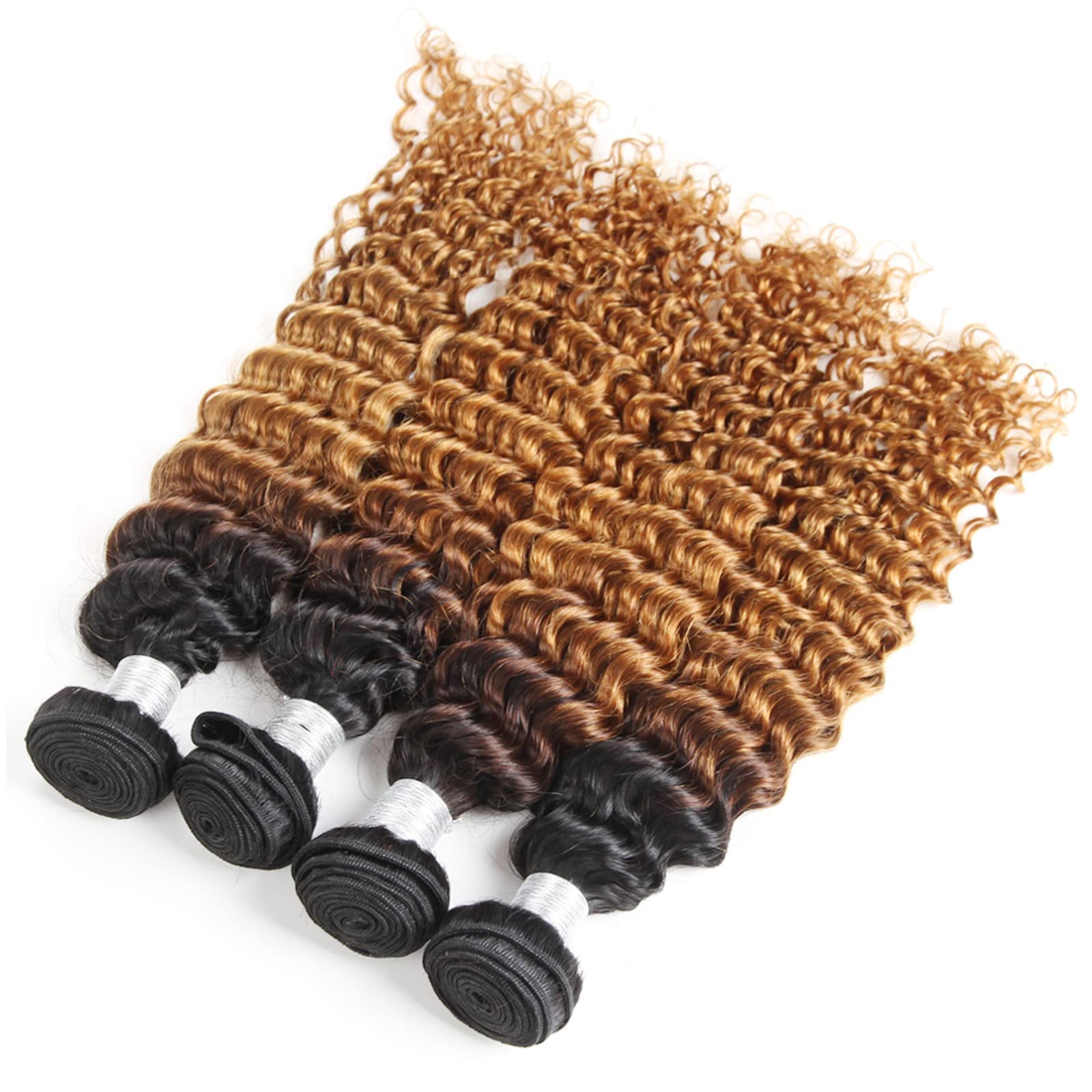 Ombre Deep Wave 4 Bundles Human Hair Extensions - 100% Real Human Hair Curly Bundles (18/18/18/18 Inch, 1B/30 Deep) - Perfect for Wet & Wavy Hairstyles, Daily Wear & Special Occasions