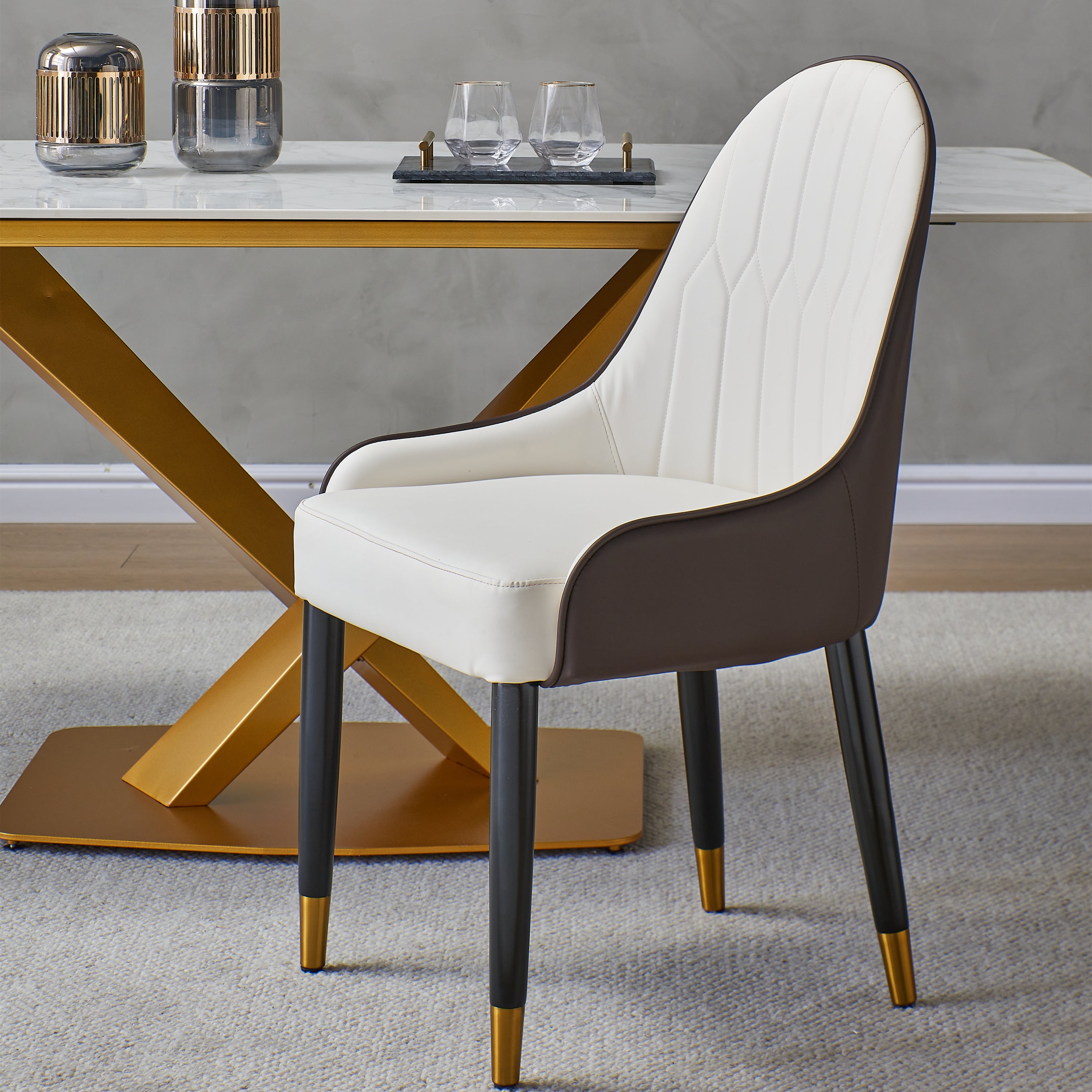 Modern PU Leather Dining Chairs Set of 2 - White Upholstery with Brown Metal Legs - Perfect for Kitchen, Dining Room & Breakfast Nook