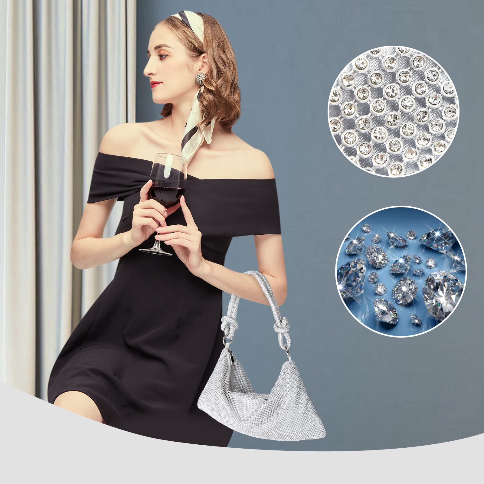 Sparkly Rhinestone Evening Handbag for Women - Chic Bling Hobo Bag & Shiny Silver Clutch Purse for Party, Wedding, Prom & Special Occasions